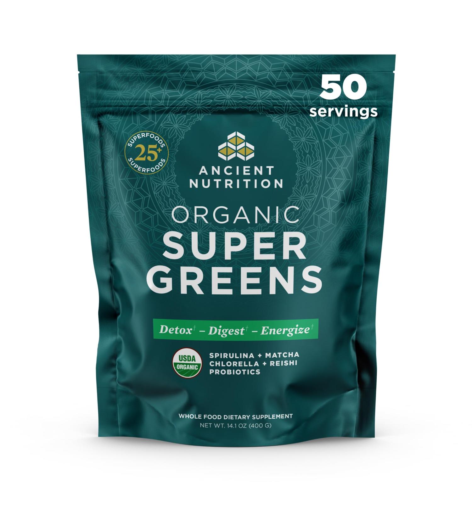 Ancient Nutrition Super Greens Powder Organic Superfood Powder with Probiotics Made with Spirulina Chlorella Matcha and Digestive Enzymes 50 Servings 14.1 oz Greens 50 Servings (14.1 Ounce) - Buy Online on GoSupps.com