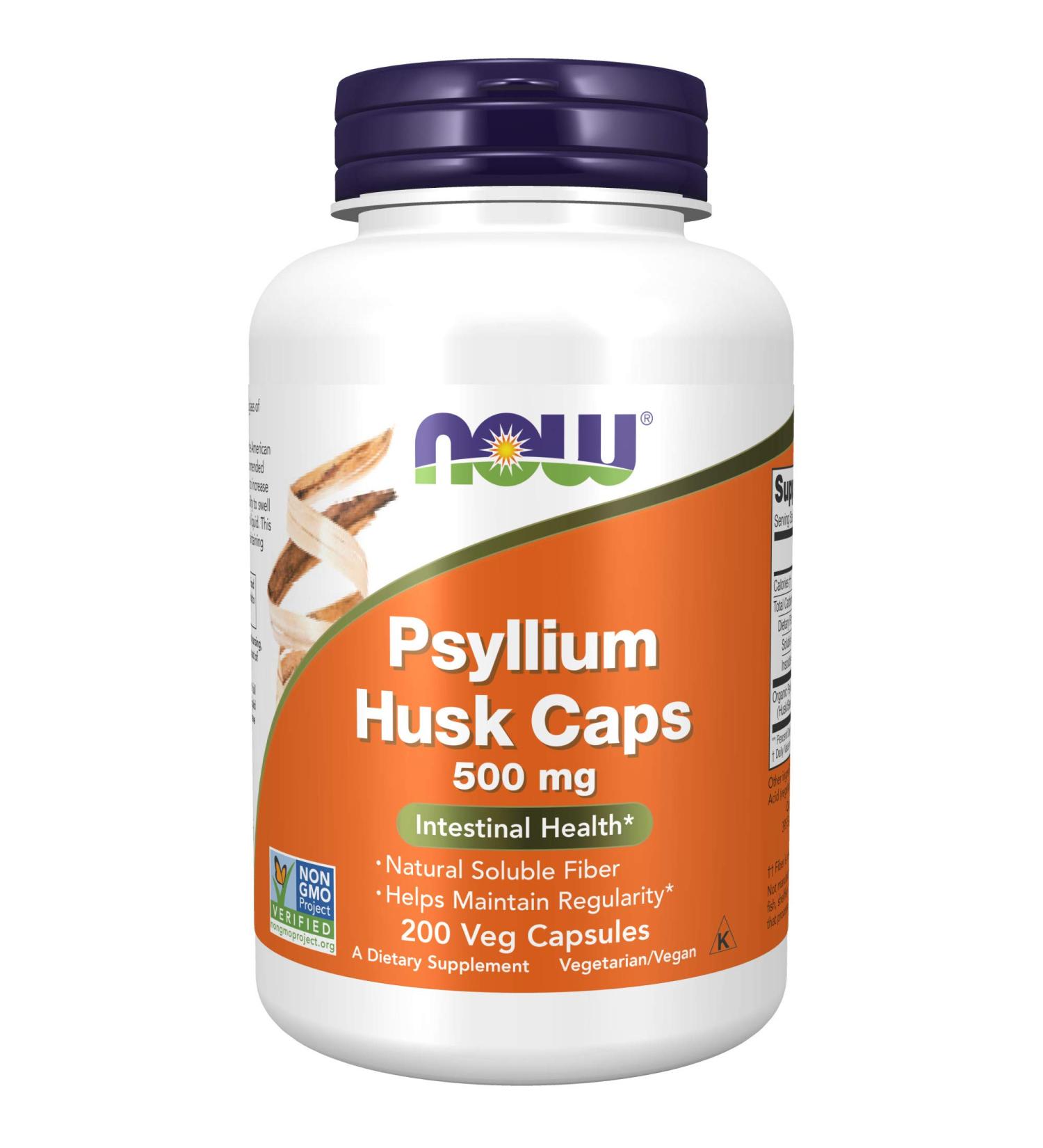 NOW Psyllium Husk Capsules 500mg - Non-GMO, Natural Soluble Fiber for Intestinal Health - 200 Veg Capsules - Buy Online on GoSupps.com