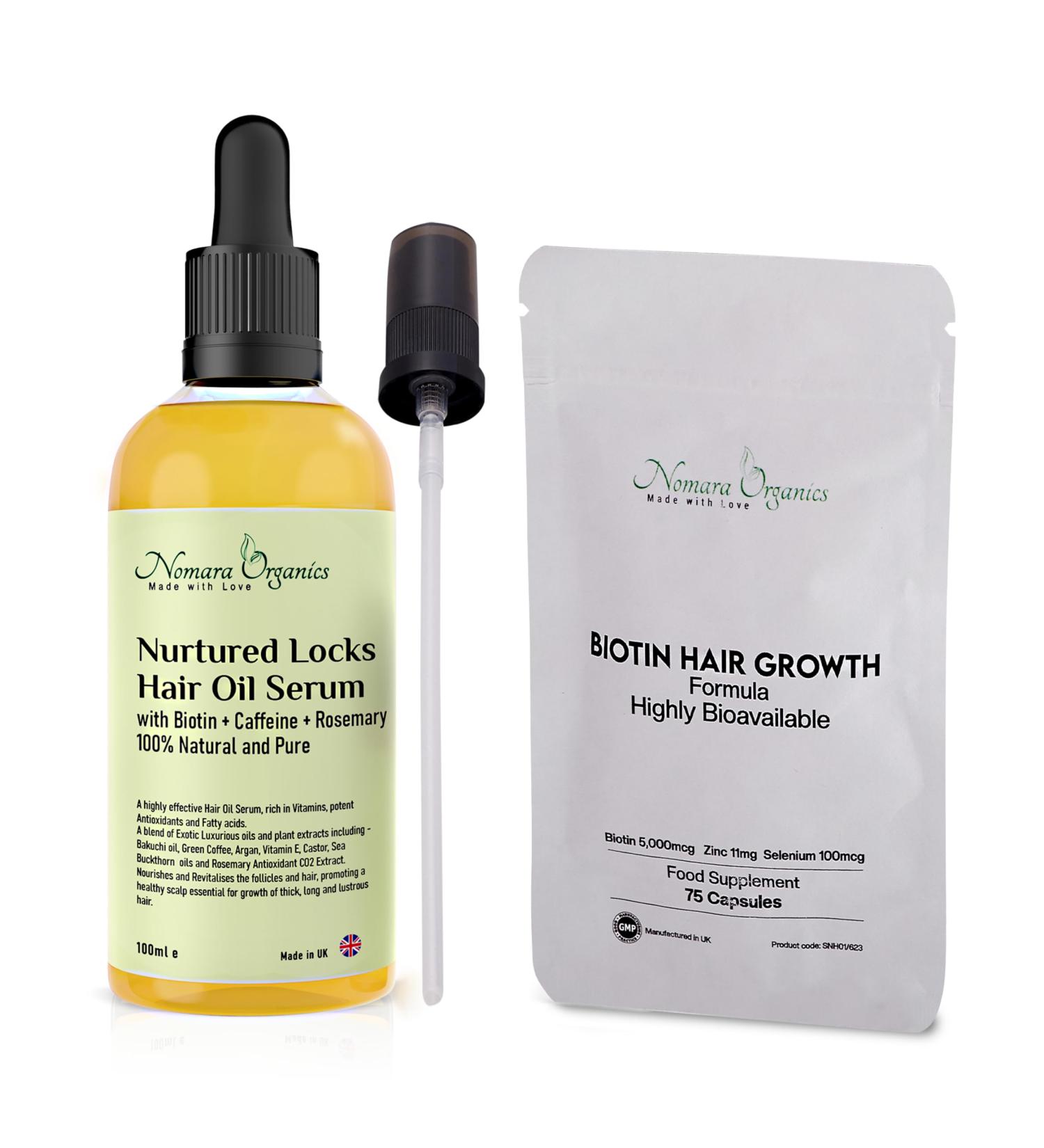 Nomara Organics Hair Growth Oil Serum with Caffeine Biotin and Rosemary 100% Natural 100mL and Biotin Hair Growth Formula 3pc Set Gift Extra Strong Growth Anti-Hair Loss Vegan Women Men. - Buy Online on GoSupps.com