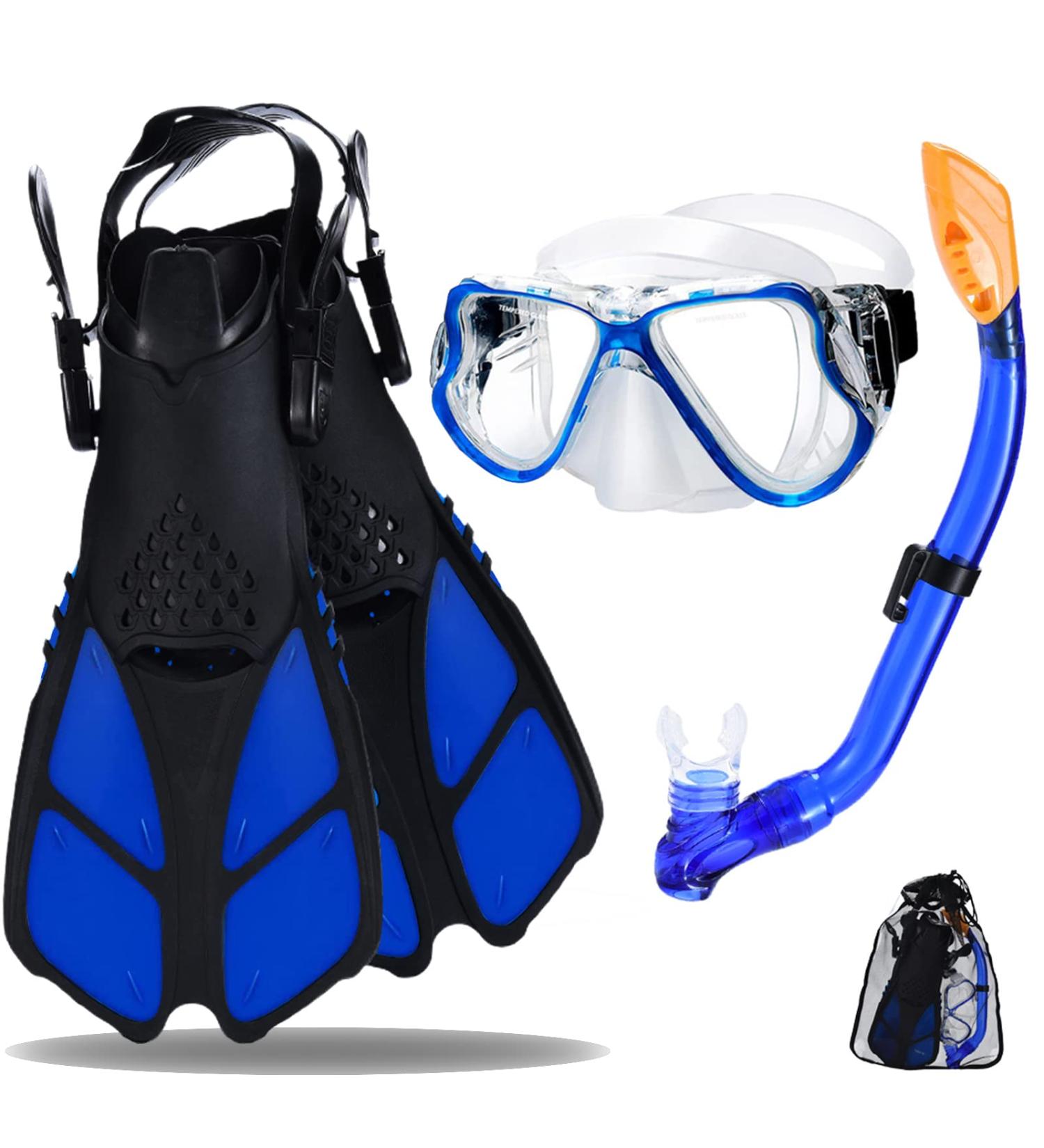 Kids Snorkel Set for 3-7 Years Old - Panoramic Mask, Dry Top Snorkel, Adjustable Fins - Blue - Buy Online on GoSupps.com