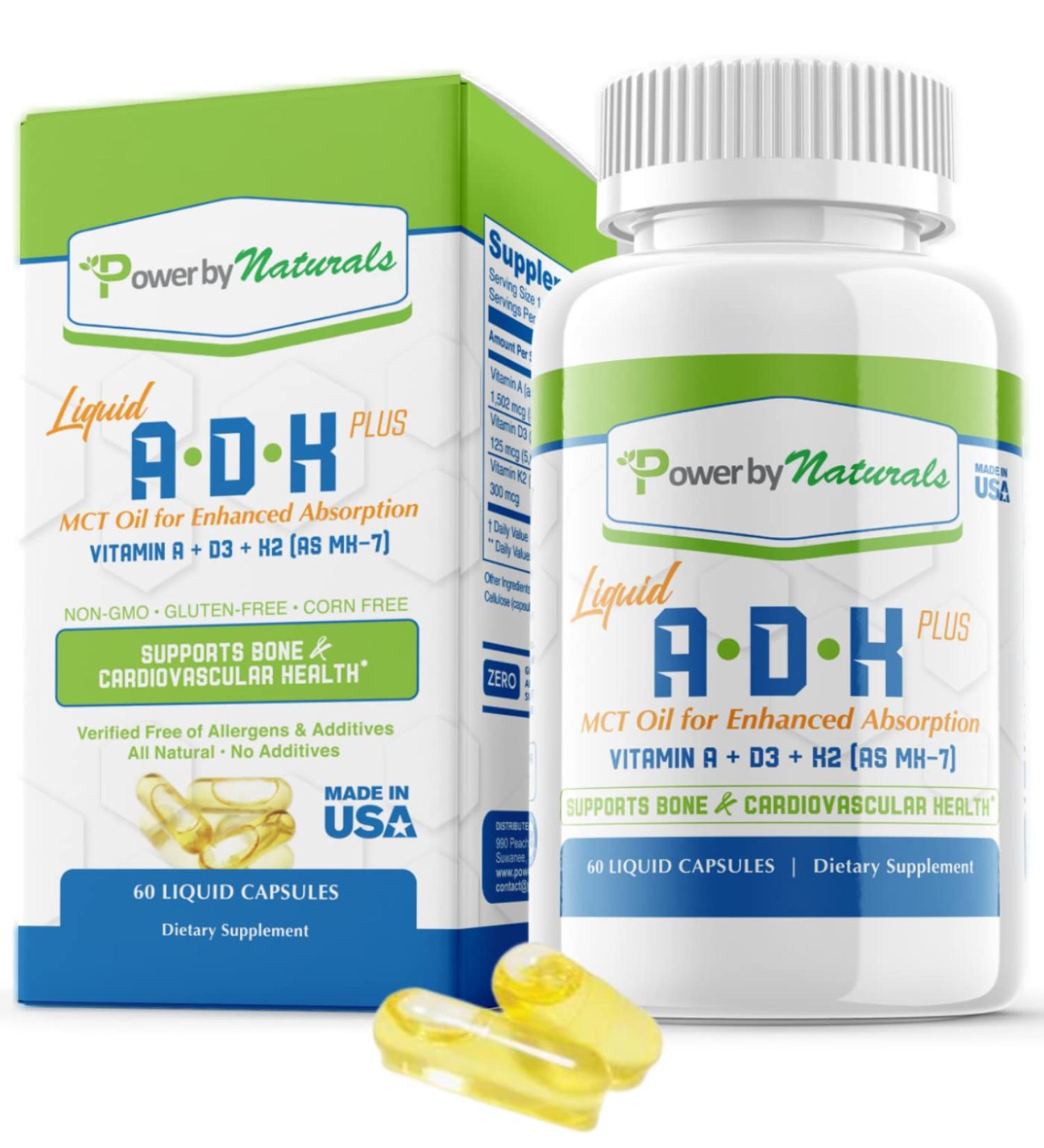 Power By Naturals ADK Vitamin Supplement with MCT Oil - High Potency Liquid Vitamins for Bone, Heart & Immunity - Vitamin A D3 K2 MK-7 - 60 Ct - Buy Online on GoSupps.com