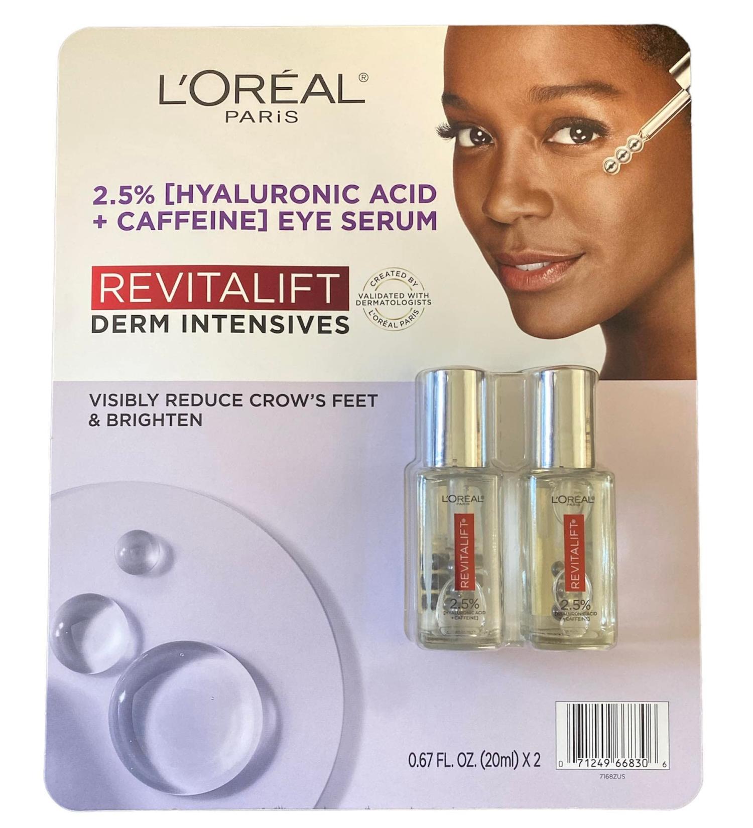 L'Oreal Paris Revitalift Derm Intensives Hyaluronic Acid + Caffeine Hydrating Eye Serum, 0.67 Fl. Oz (Pack of 2)