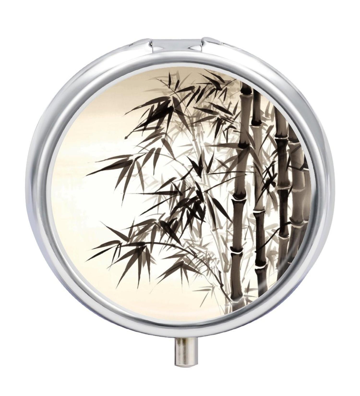 Round Bamboo Pill Box with Chinese Calligraphy - 3 Compartment Portable Organizer | Decorative Metal Pocket Pill Case - Buy Online on GoSupps.com