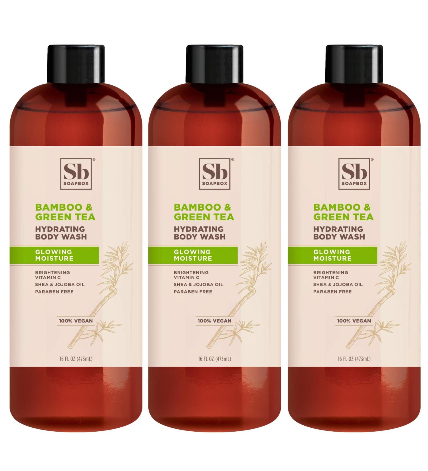 Soapbox Body Wash - Bamboo & Green Tea | Moisturizing Cleanser w Aloe Vera & Shea Butter | Vegan, Cruelty-Free, Paraben & Gluten-Free | 16oz (Pack of 3) - Buy Online on GoSupps.com