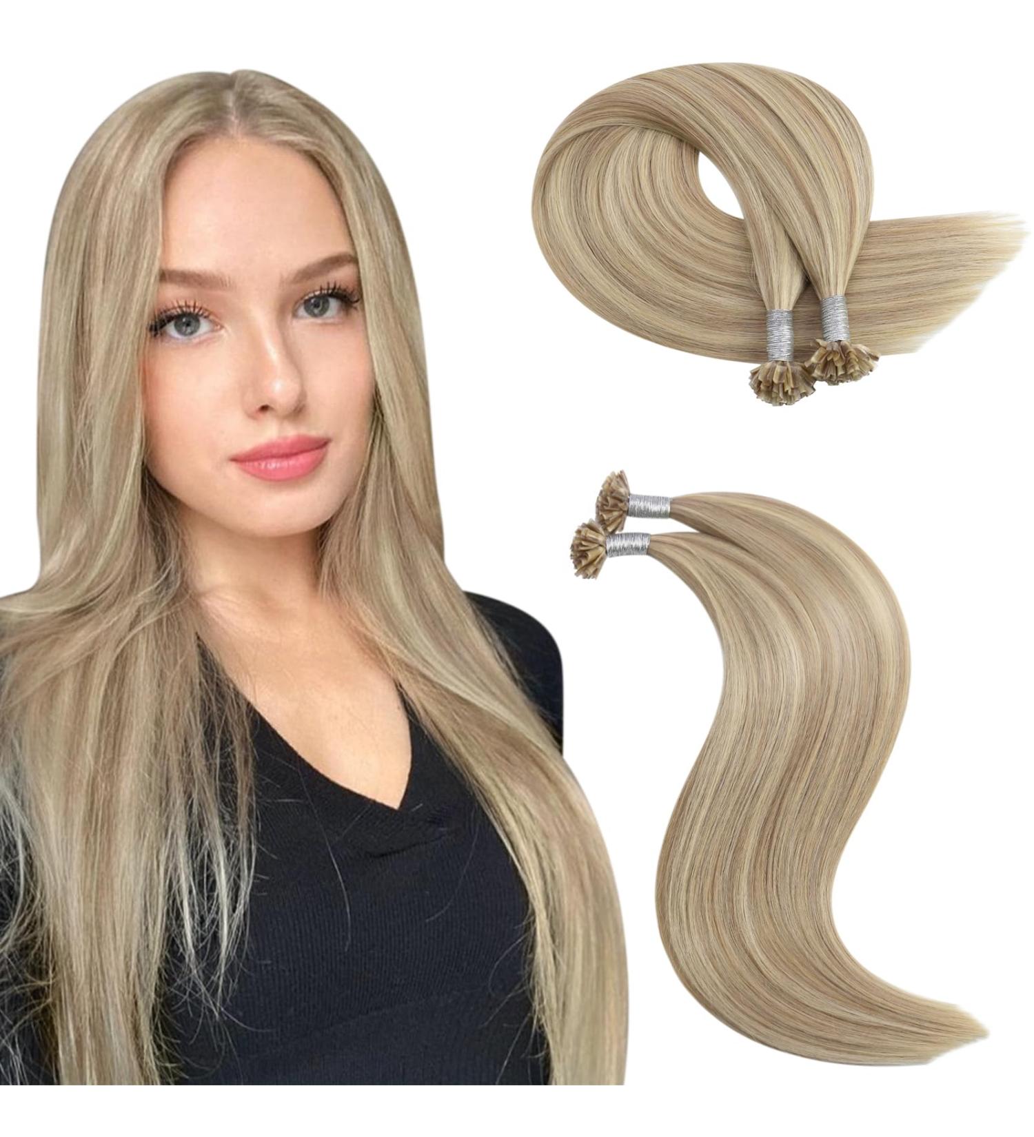 Moresoo Bonding Extensions Real Hair 45 cm U Tip Extensions Real Hair Gold Blond With Middle Blond Keratin Bonding Extensions Real Hair 50 pieces/50g #P16/245cm 2.U-tip #P16/22