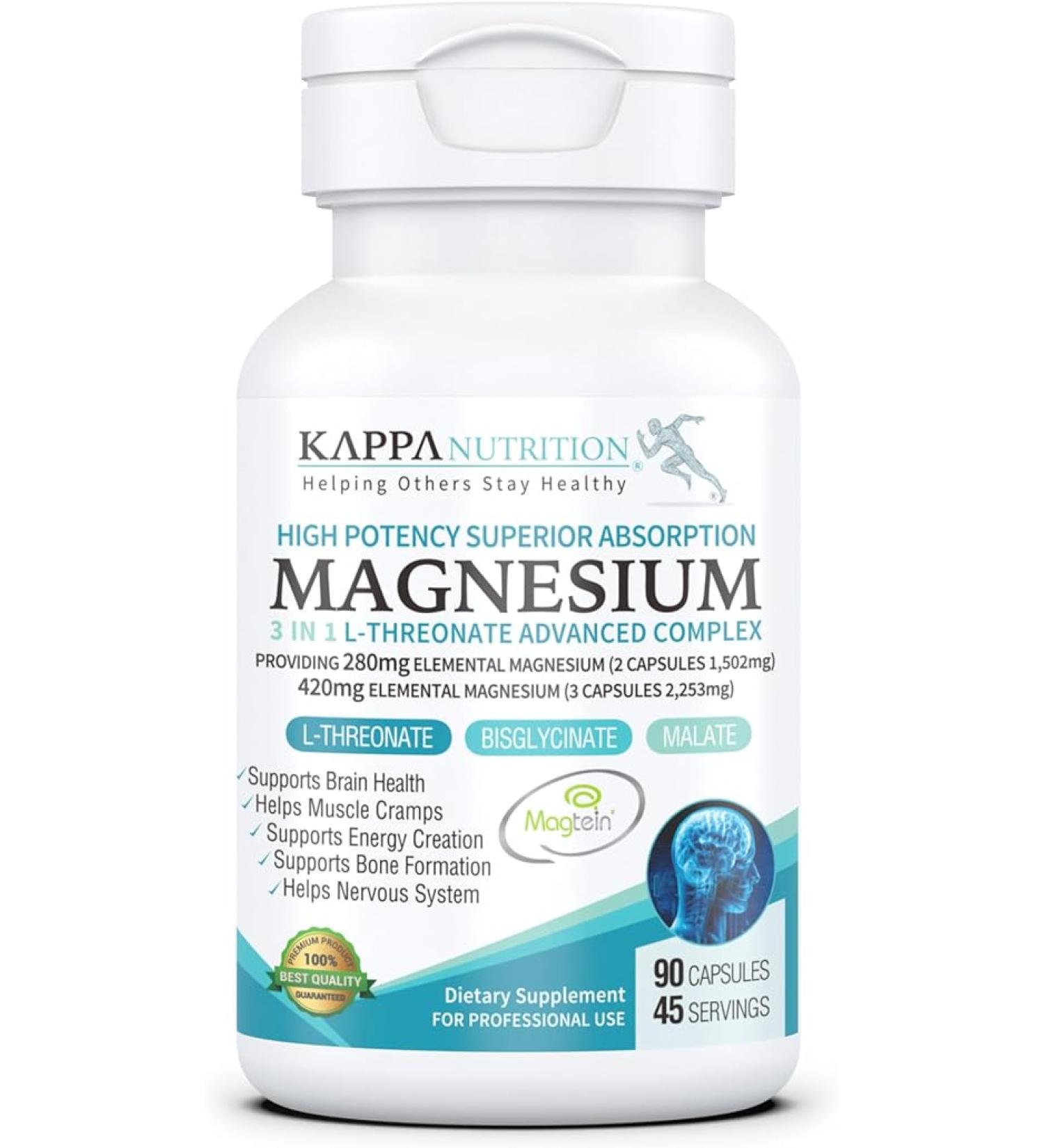 Kappa Nutrition Magnesium LThreonate 2253mg Per Serving Providing 420mg Elemental Bisglycinate Chelate Malate  (90 Capsules)  - Buy Online on GoSupps.com