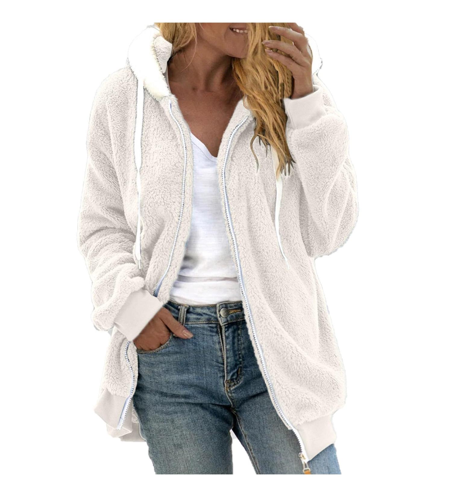 Shop Hanxiulin Oversized Plush Hoodie Coat for Women | Winter Jacket with Hood | 3XL Beige Casual Jacket - Buy Online on GoSupps.com