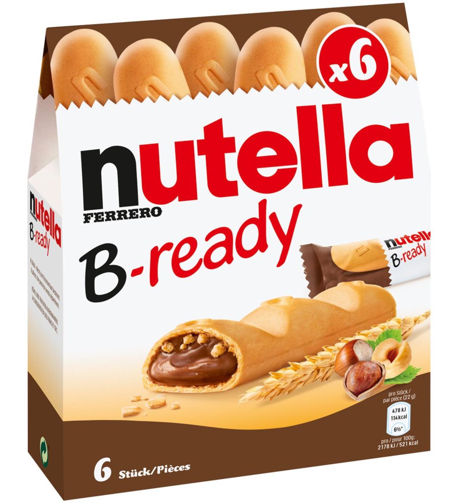 Ferrero: "Nutella B-ready NEW + NUTELLA " a crisp wafer of bread in the form of mini - baguette stuffed with a creamy Nutella 6 pieces 4.6 oz (132g) Pack of 3  Italian Import