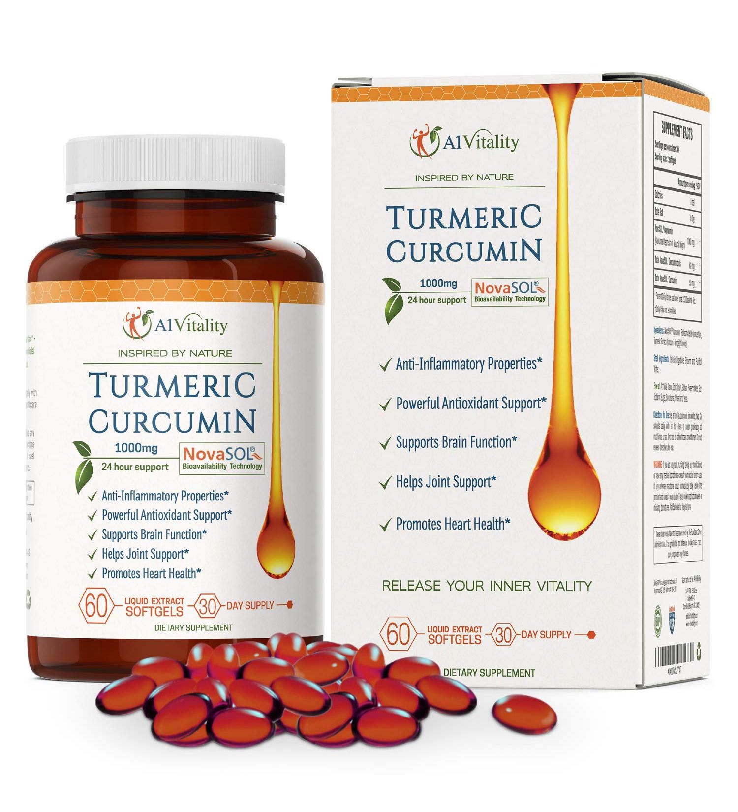 A1 Vitality Turmeric Curcumin NovaSOL Supplements 1000mg - Powerful Inflammation & Joint Pain Relief - 185x More Bioavailable Than Turmeric Black Pepper Capsules - Natural Softgels - Buy Online on GoSupps.com