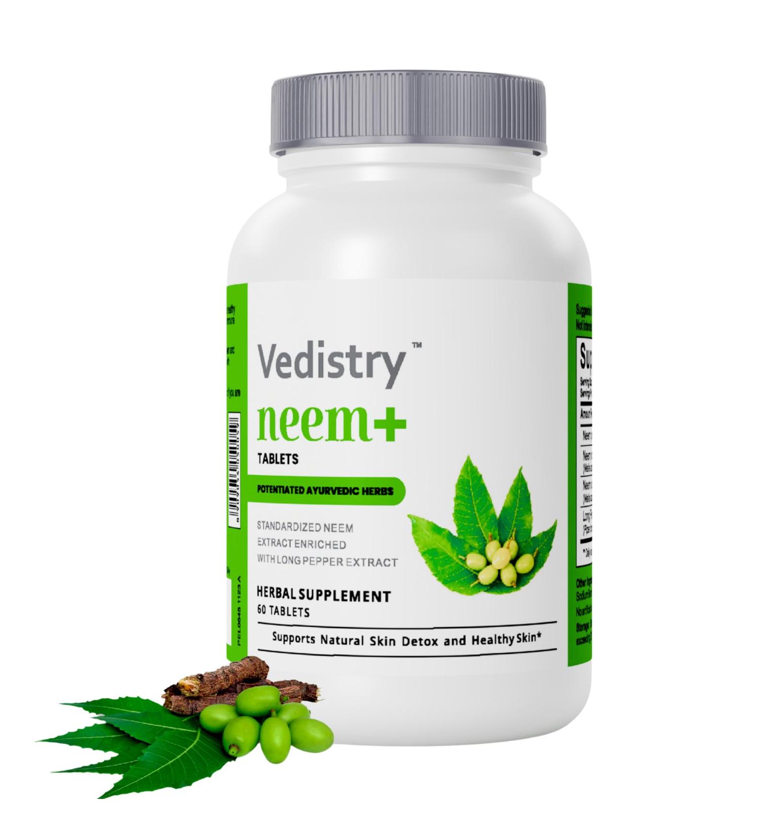 Vedistry Neem Leaf Supplements | 1100mg Neem Leaf Tablets Supports Clear Skin Detoxification & Immune Health | Herbal Supplement for Acne & Promotes Healthy Skin with Long Pepper | 60 Vegan Tablets - Buy Online on GoSupps.com