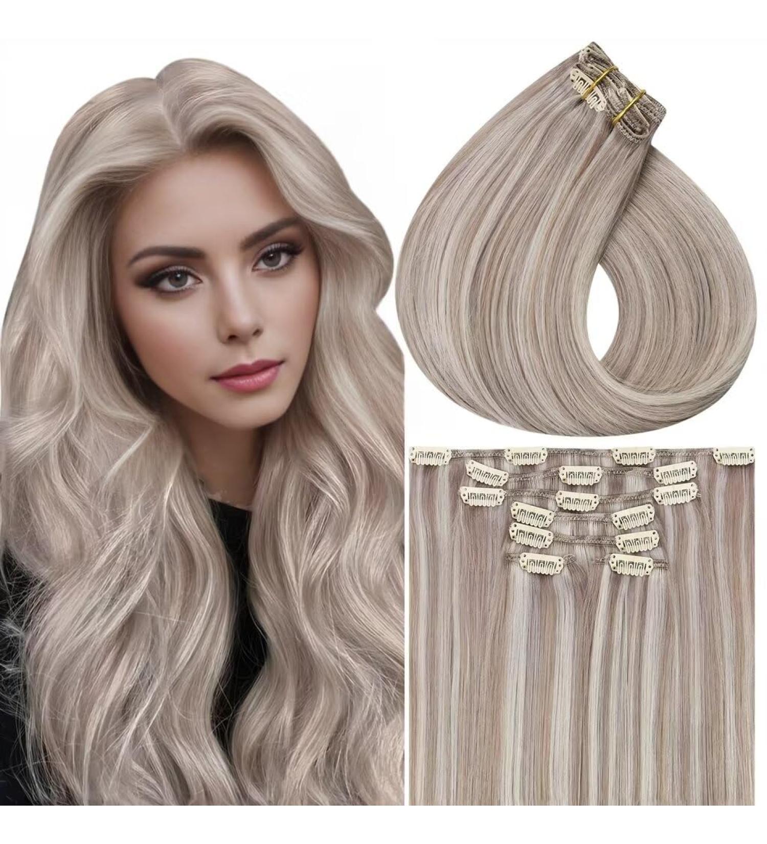 Vivien Blond Clip-In Extensions | Real Remy Hair Highlights | Dirty Blonde & Platinum #19/60 | 40cm 120g | 16 inch 7pcs - Buy Online on GoSupps.com