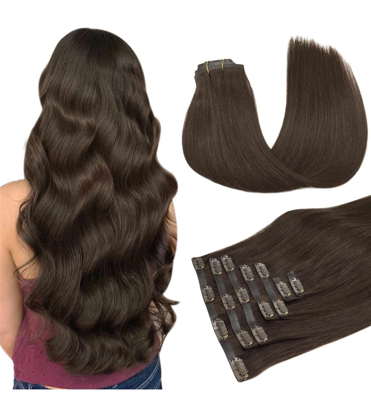 Doores Real Hair Extensions Seamless - Light Dark Brown 35cm (14 inch) 7 Pieces 110g Remy Clip-In Extensions - Buy Online on GoSupps.com