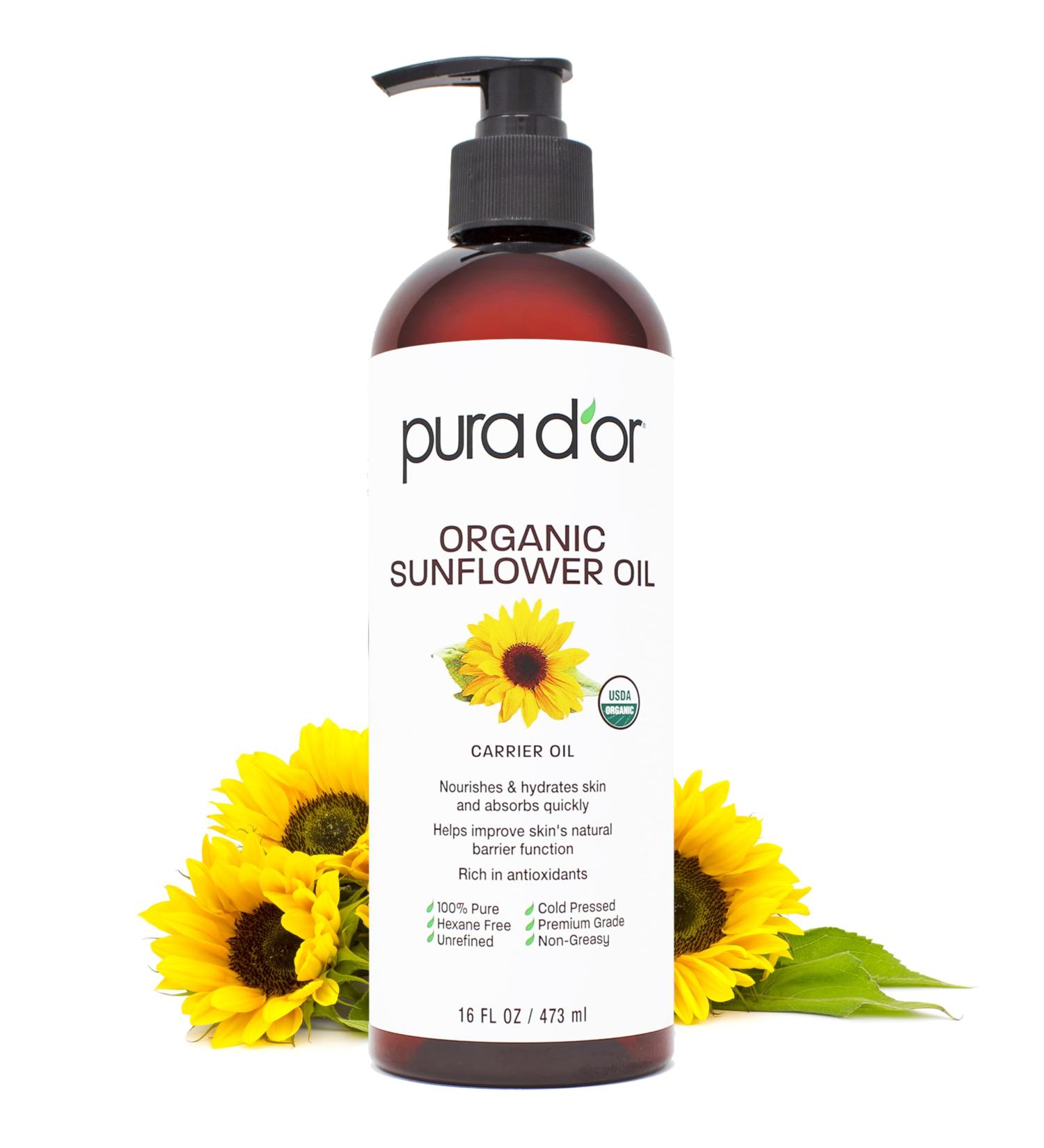 PURA D'OR 16 Oz ORGANIC Sunflower Seed Oil - 100% Pure & Natural USDA Certified Cold Pressed Carrier Oil For DIY Beauty - Unscented Hexane Free Liquid Moisturizer - Face Skin & Hair - Men & Women - Buy Online on GoSupps.com