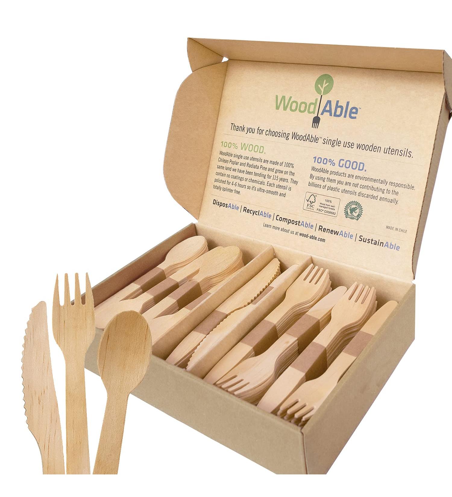 WoodAble Disposable Wooden Cutlery Mix - 200 Count | Backyard Compostable | 80 Forks, 80 Spoons, 40 Knives - Buy Online on GoSupps.com