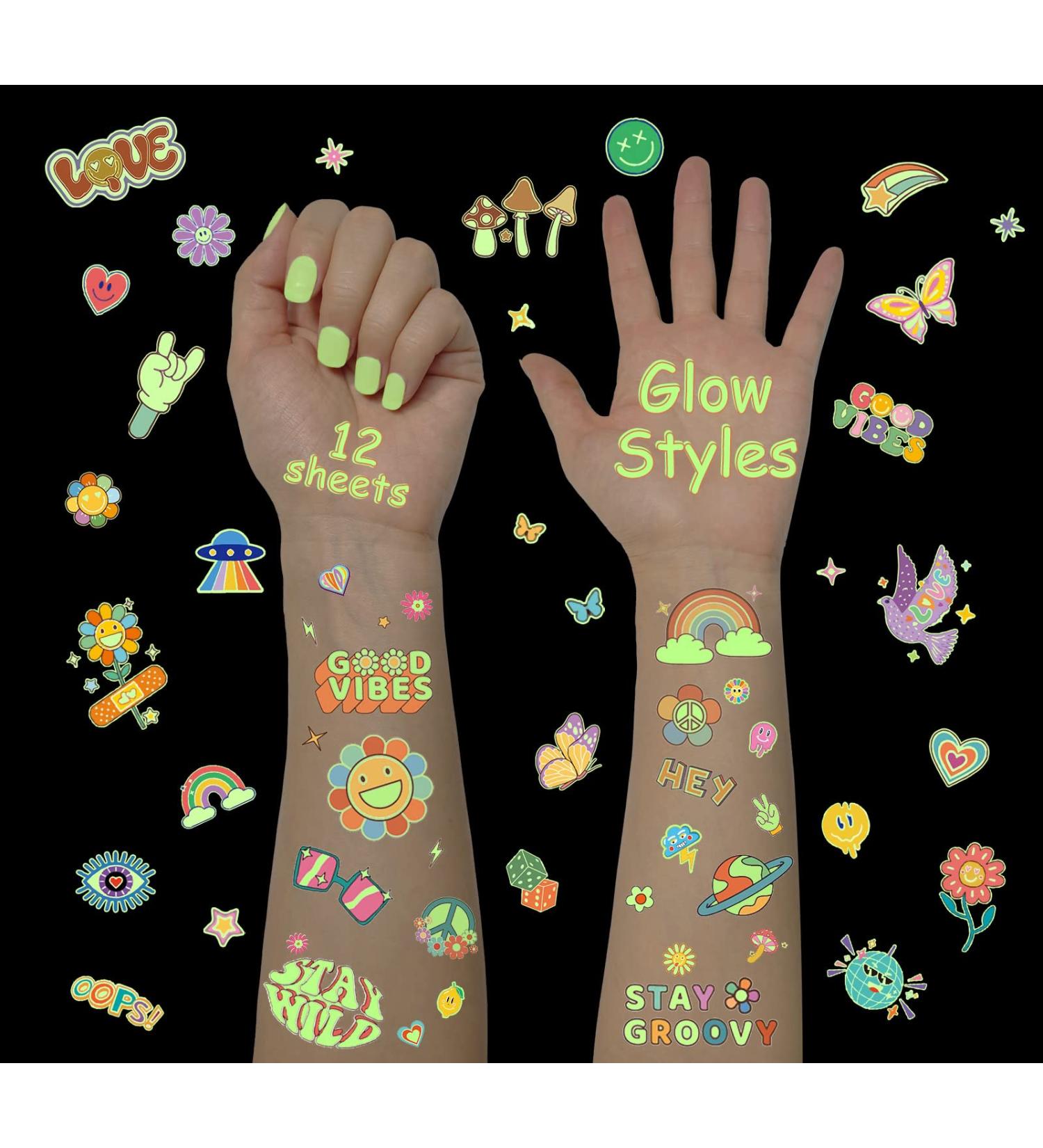 Groovy 70s Glow in the Dark Temporary Tattoos - Flower Power & Hippie Stickers for Girls' Birthday Party - Buy Online on GoSupps.com