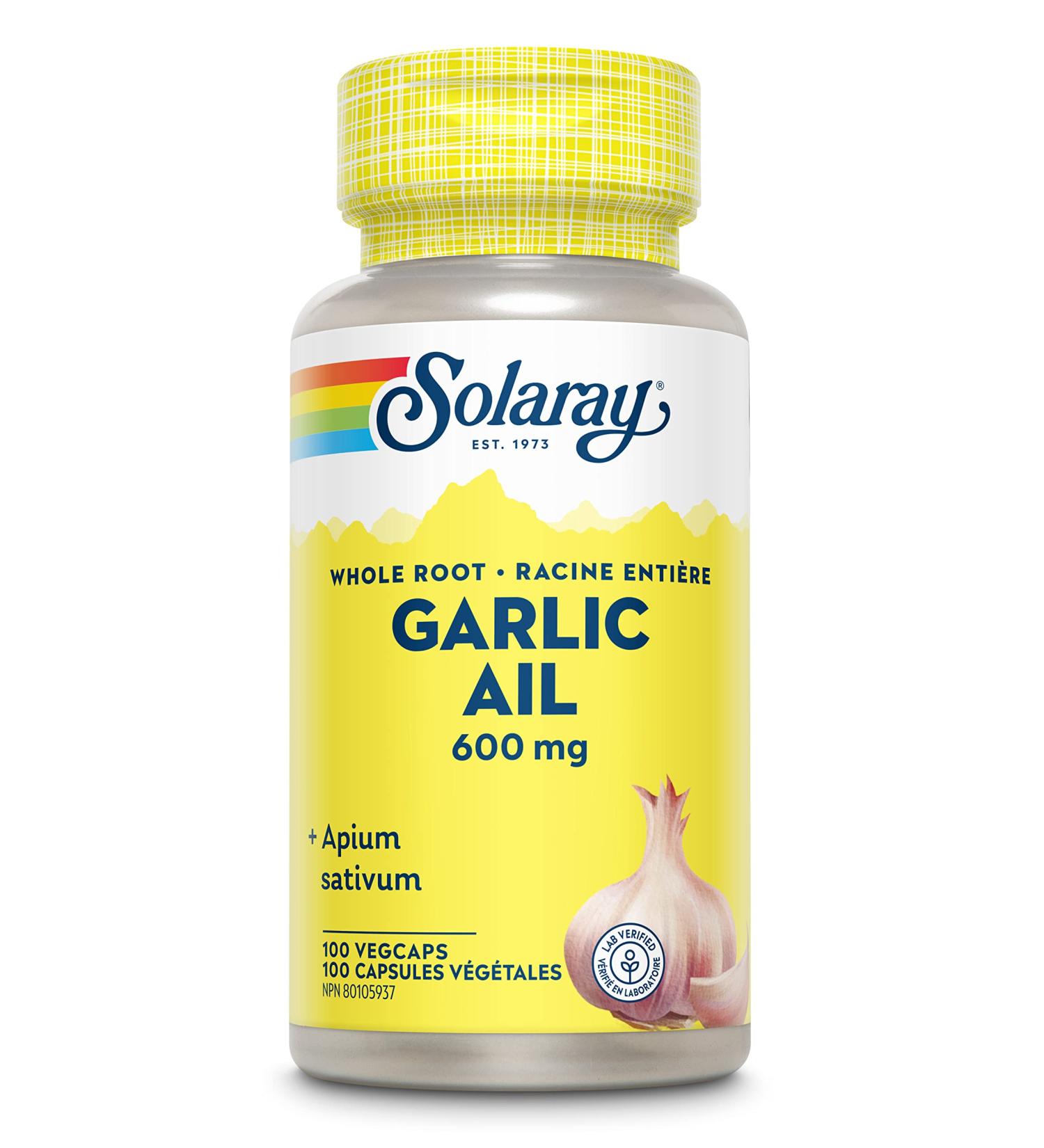 SOLARAY Garlic Bulb 600mg | Organically Grown | Heart Health & Herbal Support | Allium Sativum Whole Bulb | Dietary Supplement | USDA Organic Vegan Lab Verified | 100 Organic Capsules