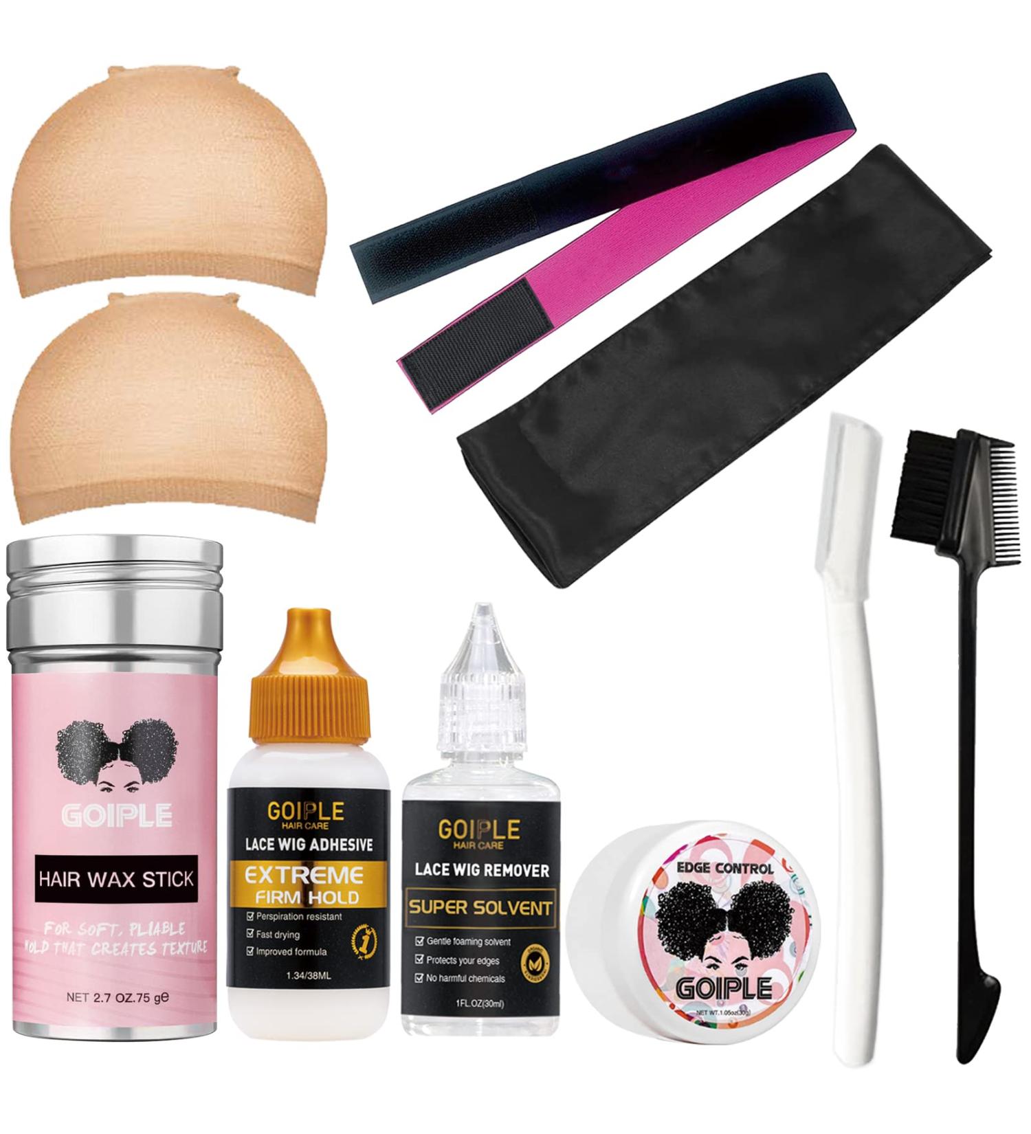 Goiple Wig Accessory Kit: Lace Front Wig Glue, Remover, Caps, Elastic Band, Wax Stick, Edge Control, Brush, Shear, Razor Tool, Scarf - 10PCS - Buy Online on GoSupps.com