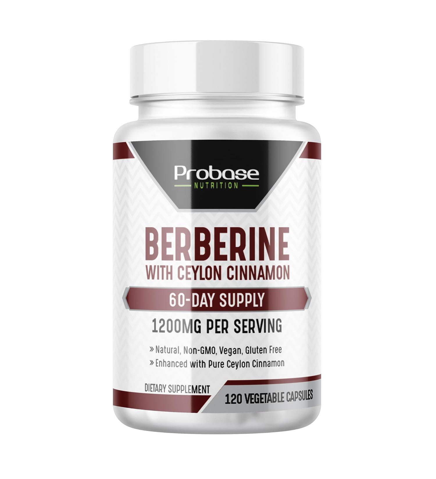 Probase Nutrition Berberine with Cinnamon Extract - Gluten Free and Vegan - 120 Capsules - 1200mg per Serving - Buy Online on GoSupps.com