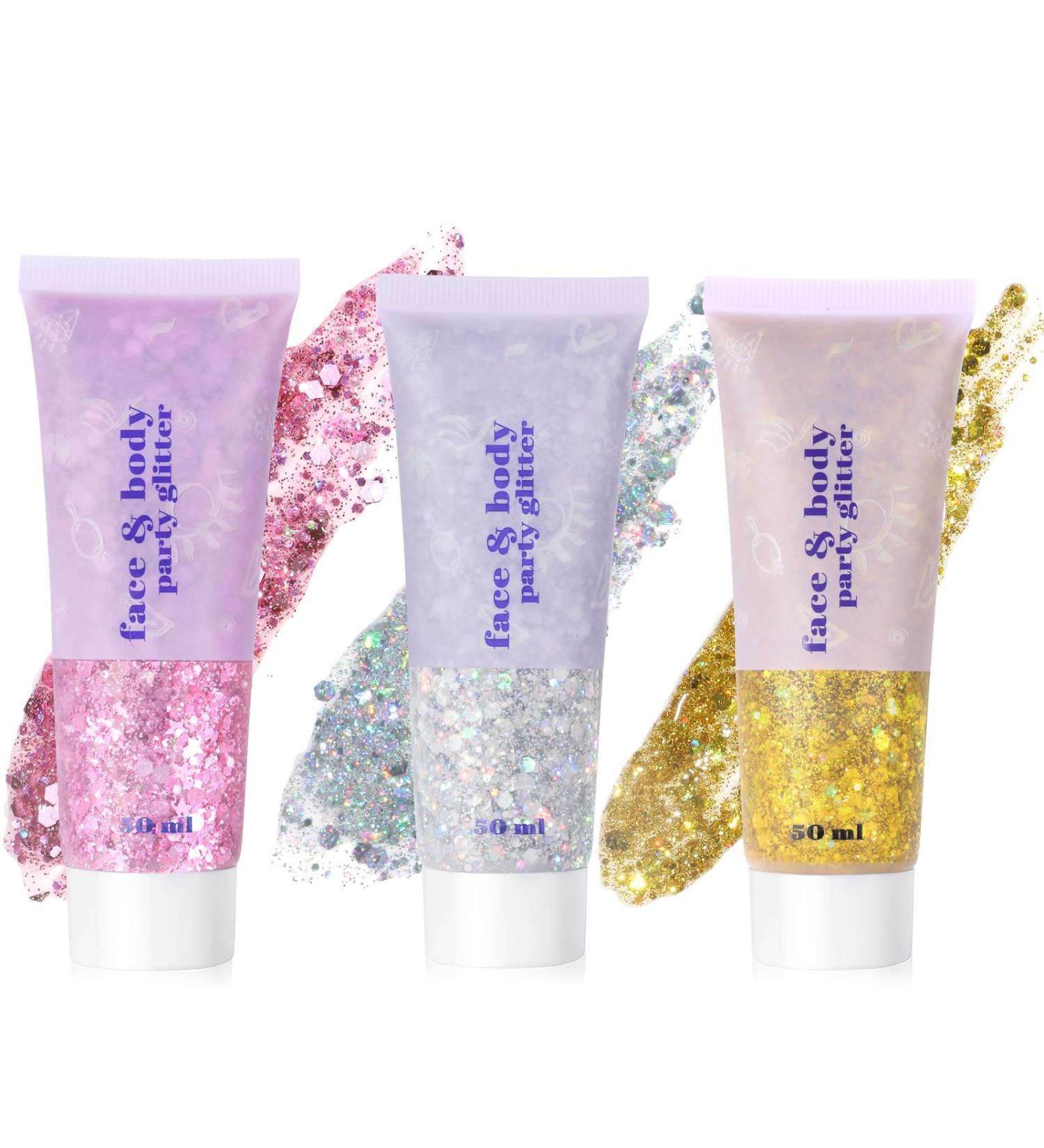 URAQT Body Glitter Gel 3Pcs Set - Holographic Mermaid Sequins Face & Body Glitter - Sparkling Festival Party Lotion - Silver, Gold, Pink - 50ml - Buy Online on GoSupps.com