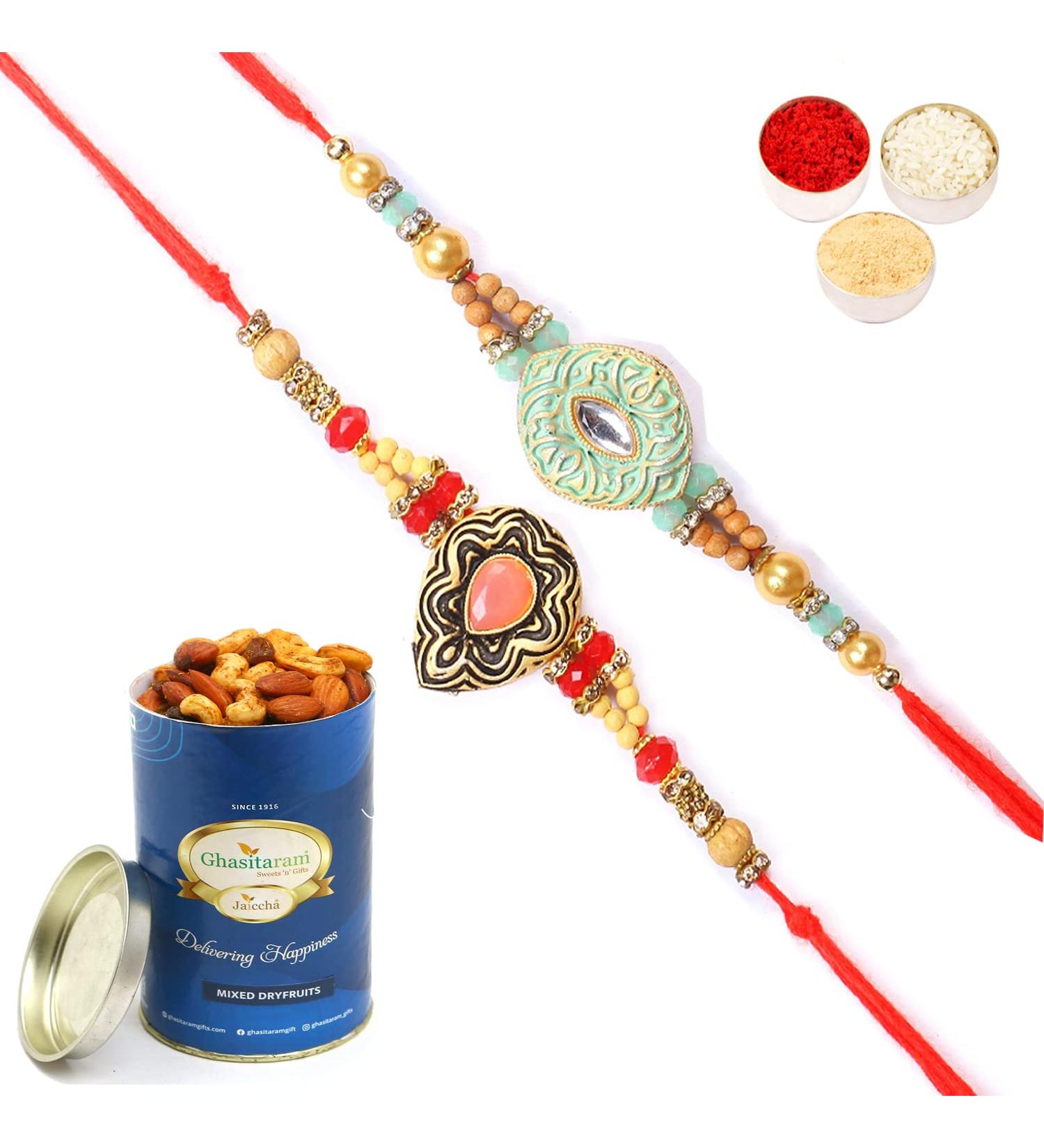 Ghasitaram Gifts Rakhi for Brother Rakhis Online - Set of 2 8469 8487 Premium Rakhis with 100 GMS of Dryfruits Mix Can - Buy Online on GoSupps.com