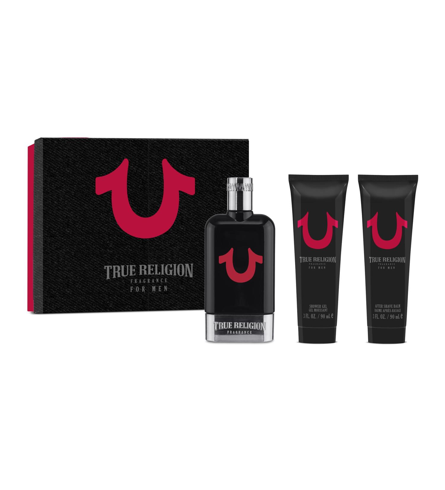 True Religion Men 3-Piece Gift Set - Men's Cologne - 3.4 fl oz EDT 3 oz ml Shower Gel 3 oz Aftershave Balm - citrus woody aromatic fougere - bergamot aquatic spicy orange blossom cedar - Buy Online on GoSupps.com