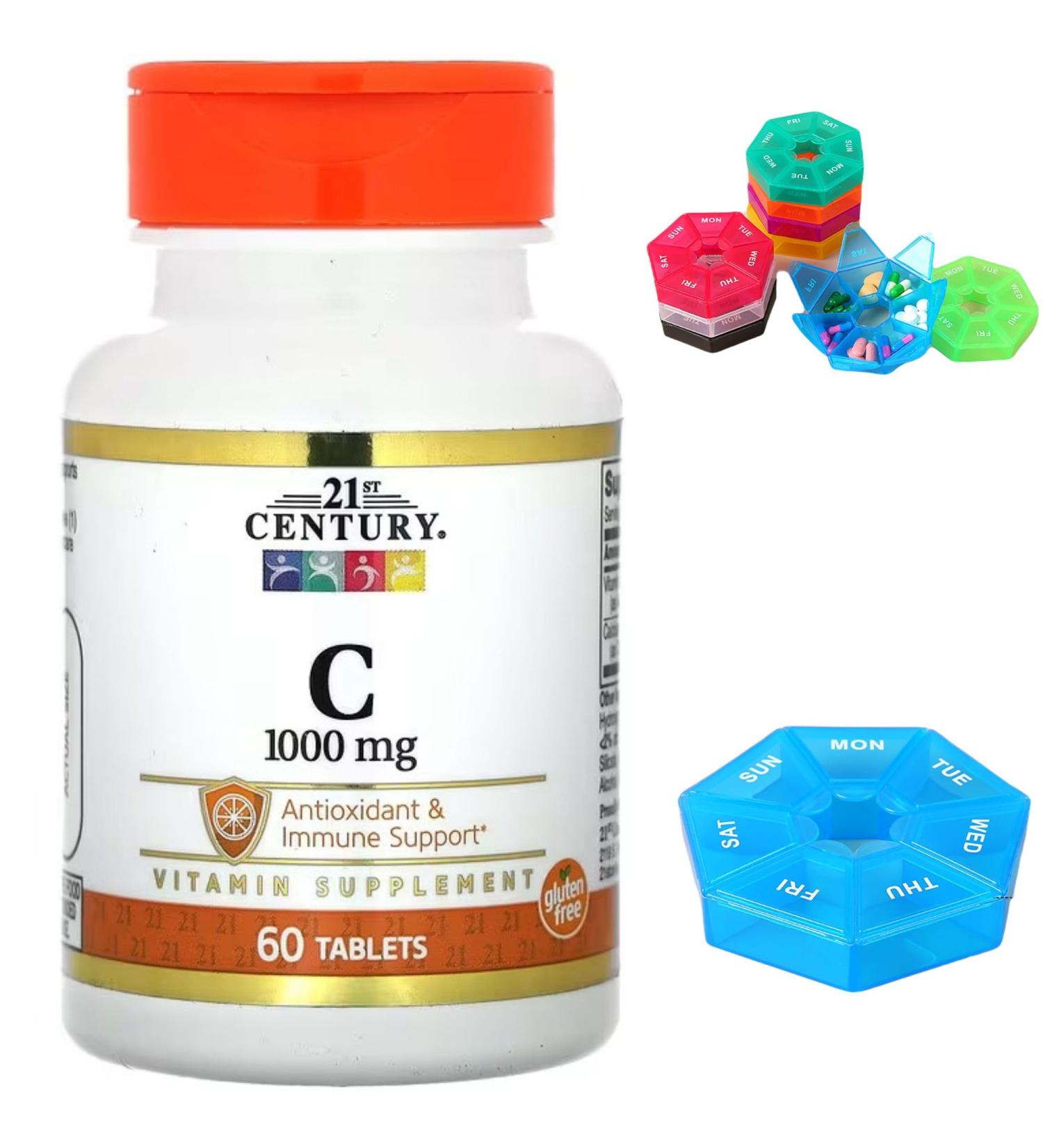 Supplement Vitamin C Compatible with 21st Century 1 000 mg 60 Tablets Antioxidant & Immune Support Gluten Free + Bonus Pill Organizer Weekly Pill Organizer Mini - Buy Online on GoSupps.com