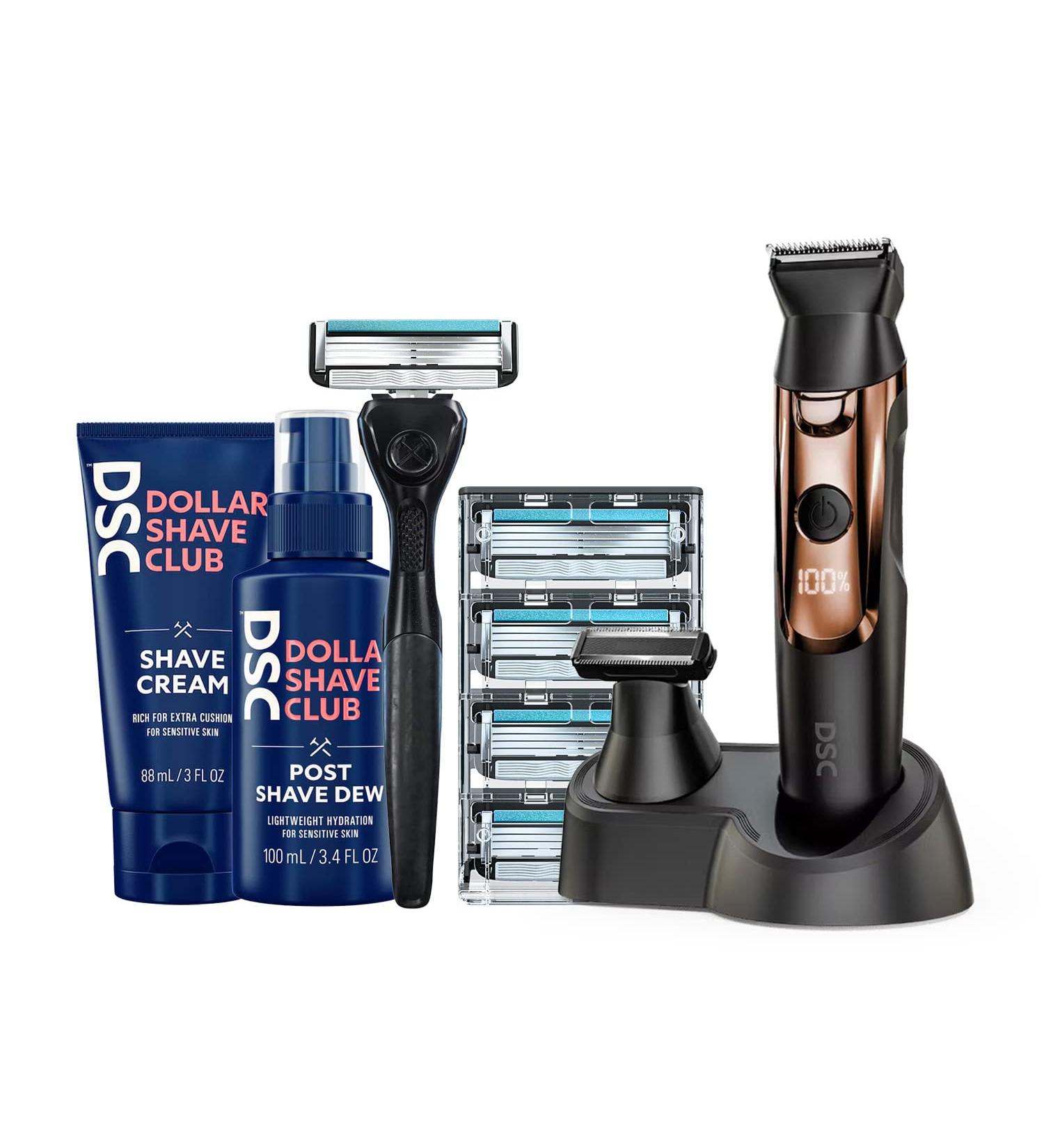 Dollar Shave Club Double Header Electric Trimmer Grooming Set | 4-Blade Razor Cartridges, Shave Cream, Post Shave Dew | Black Trimmer Handle | Best Shave Bundle - Buy Online on GoSupps.com