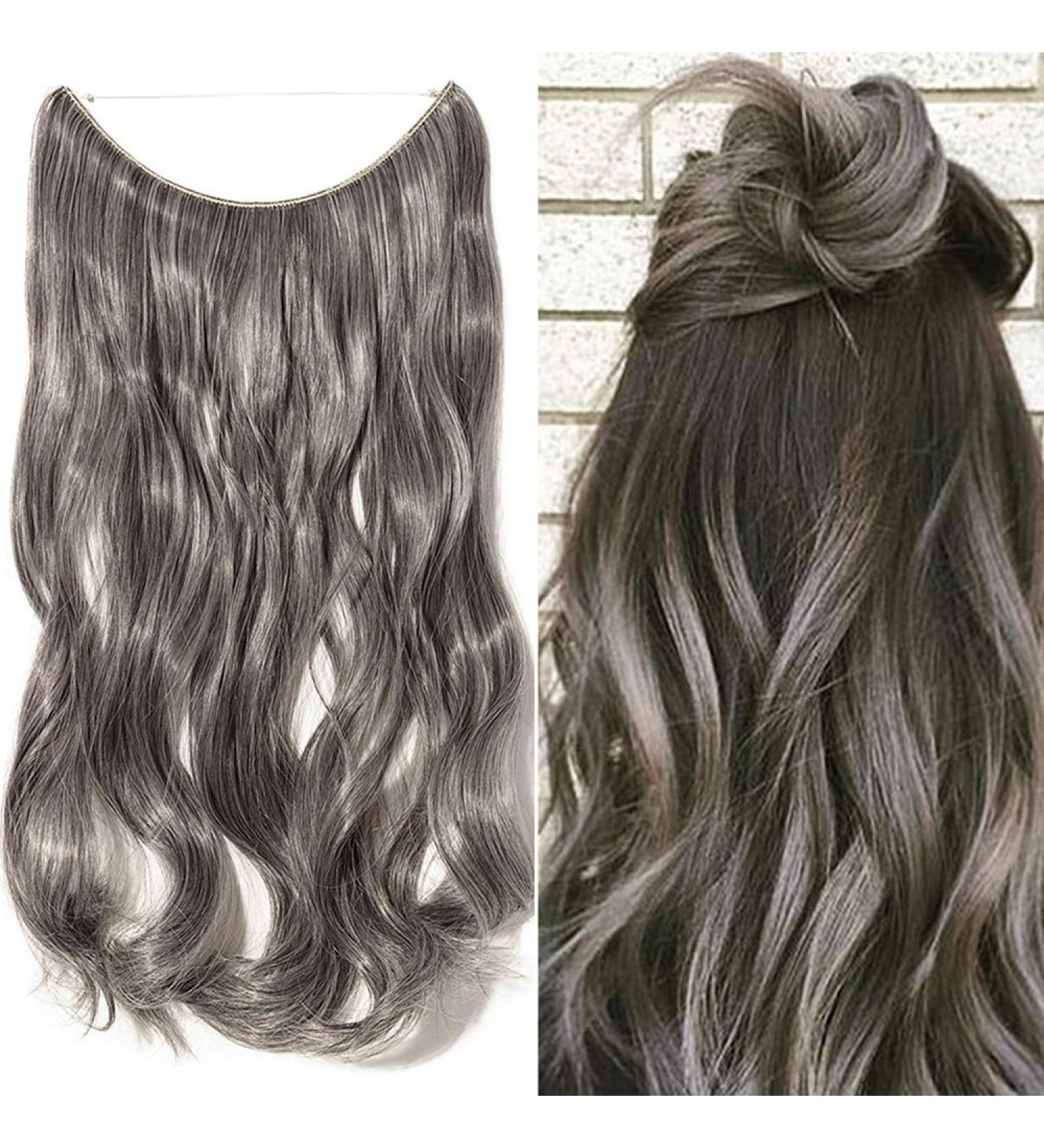 Buy Hair Part Extensions - Wavy 50cm Invisible Wire Dark Brown & Silver Gray Hair Extensions - 90g for Effortless Style - Buy Online on GoSupps.com