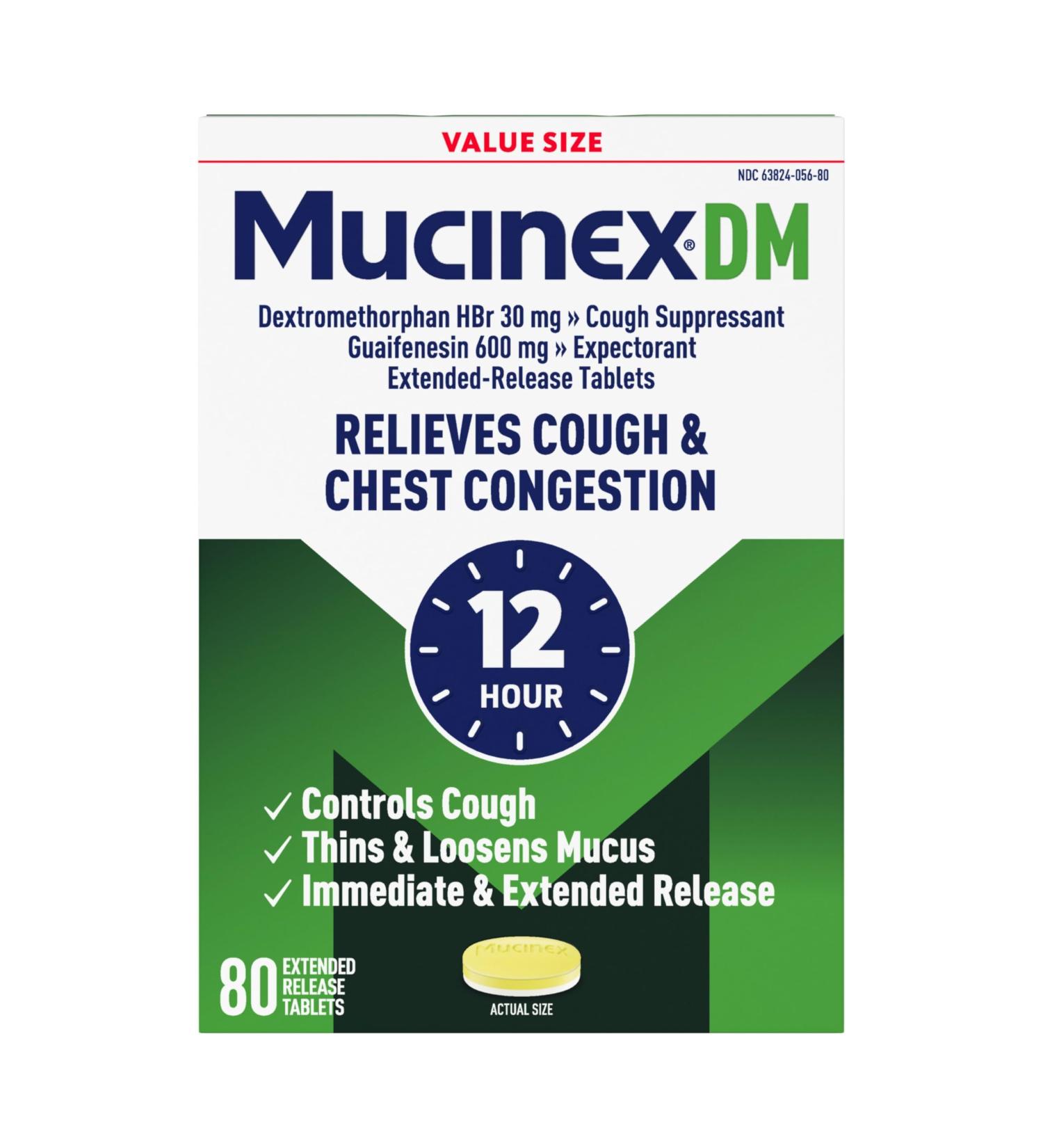 Mucinex DM 12Hr Chest Congestion & Cough Medicine for Adults Cold and Cough Medicine for Excess Mucus Relief 600 mg Guaifenesin & 30 mg Dextromethorphan HBr 80 Bi-Layer Tablets - Buy Online on GoSupps.com