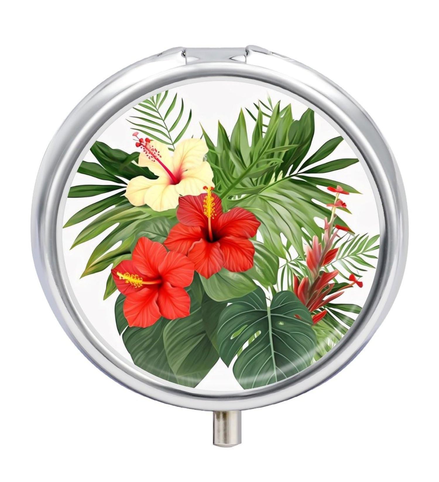 Travel Pill Box Organizer - 3 Compartment Hibiscus Flower Design | Portable Medicine Case for Purse & Pocket - Buy Online on GoSupps.com