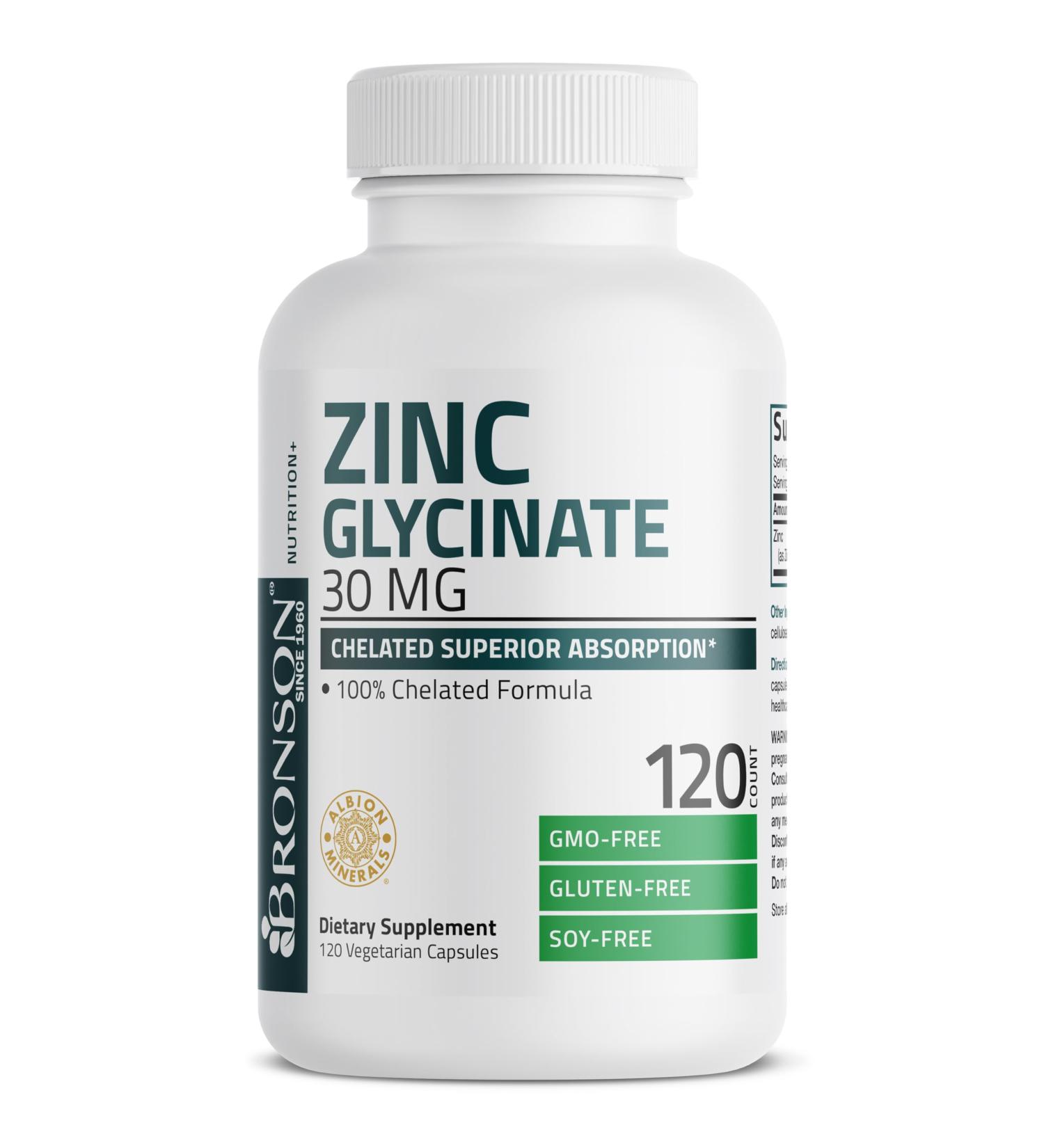 Bronson Zinc Glycinate 30mg Chelated Superior Absorption 100% Chelated Formula Non-GMO 120 Vegetarian Capsules 120 Count (Pack of 1) - Buy Online on GoSupps.com