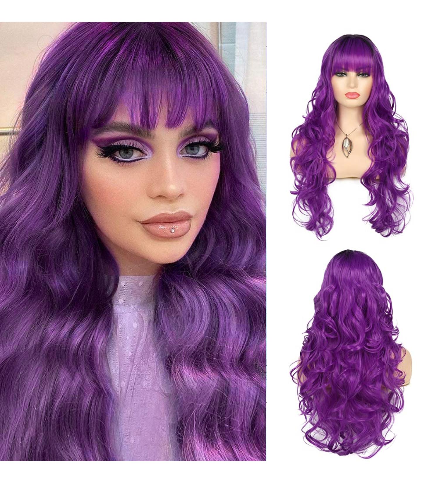 Sallcks Women's Long Curly Wavy Purple Wig with Bangs - Heat Resistant Synthetic Hair for Daily Wear, Parties, and Cosplay - Buy Online on GoSupps.com