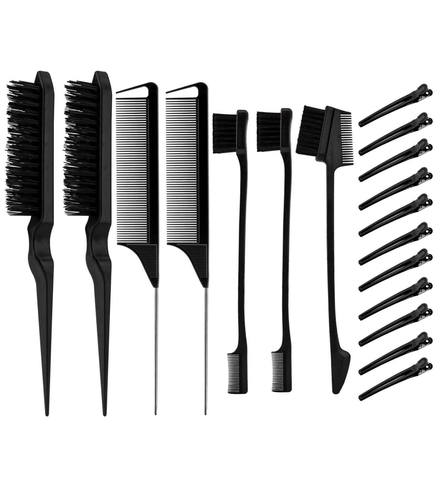 19 Piece Teasing Brush Set with Edge Brush, Rat Tail Comb, and Duckbill Hair Clips - Nylon Hair Teasing Comb for Home and Salon Hair Styling (Black) - Buy Online on GoSupps.com