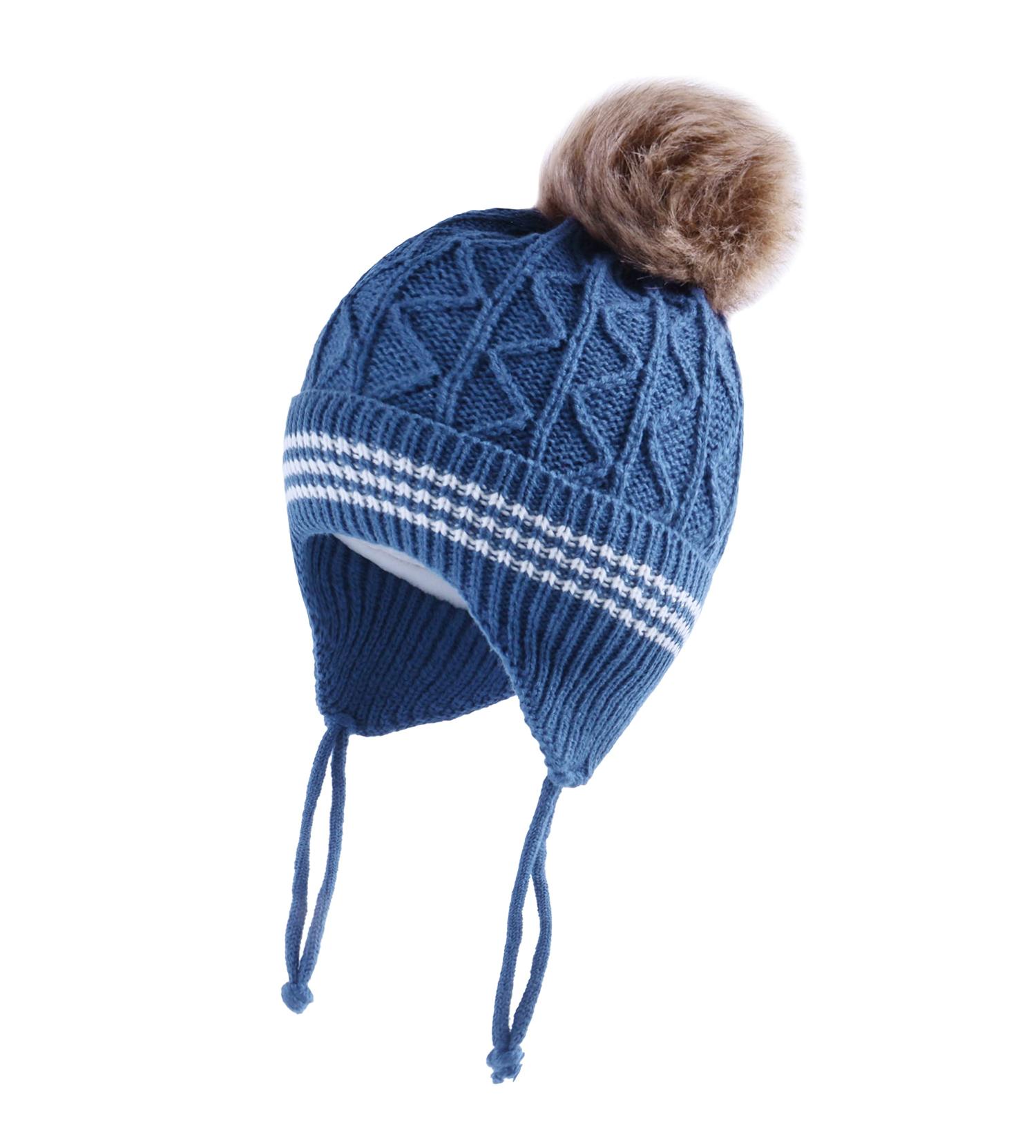 LANGZHEN Toddler Winter Hat | Earflap Knit Cap for Baby Boys Girls 2-4 Years | Blue-Pompon - Buy Online on GoSupps.com