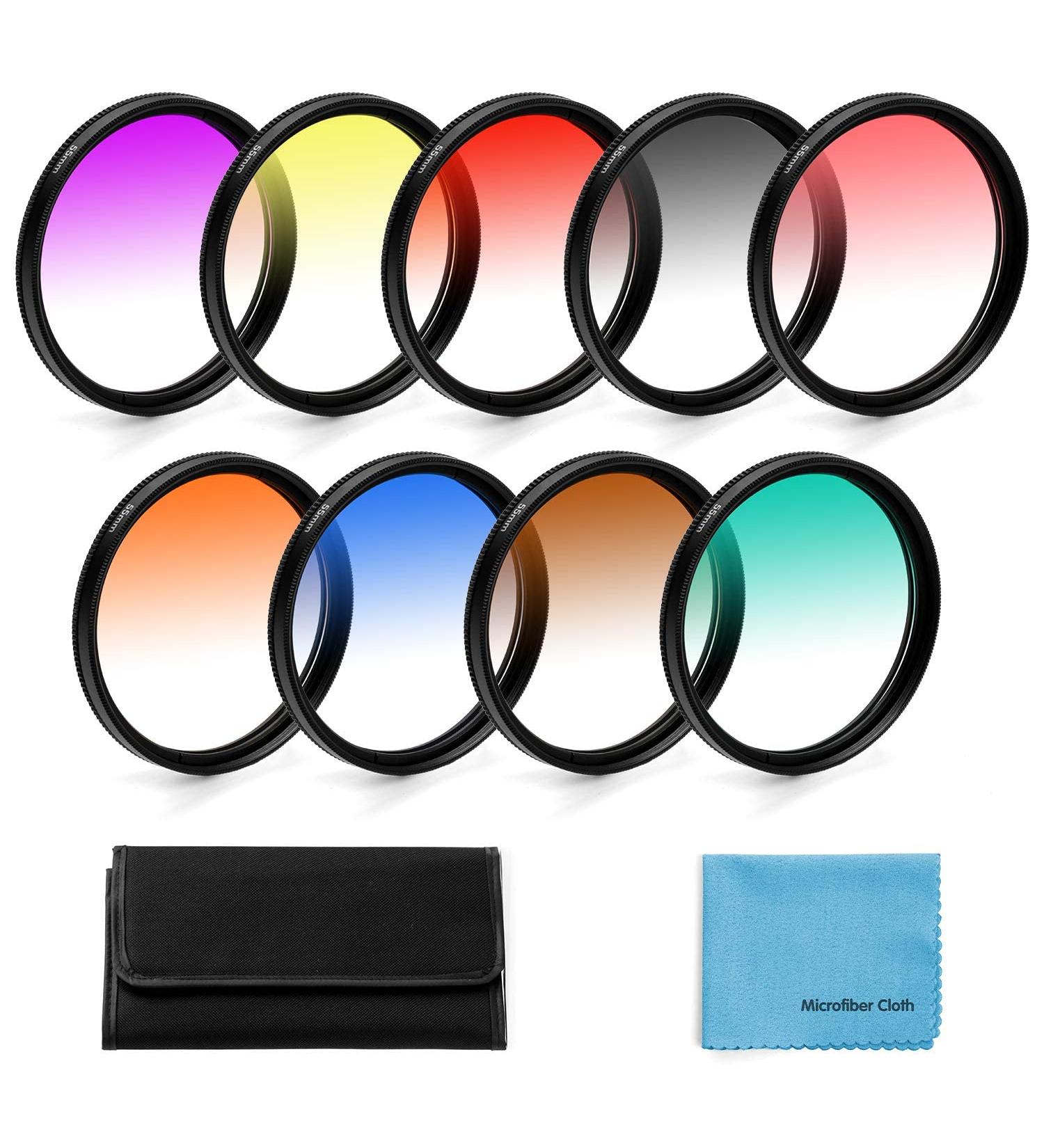 55mm Graduated Color Filters Kit - 9 Piece Set for Canon Nikon Sony DSLR Cameras | Includes Lens Filter Pouch & Cleaning Cloth - Buy Online on GoSupps.com