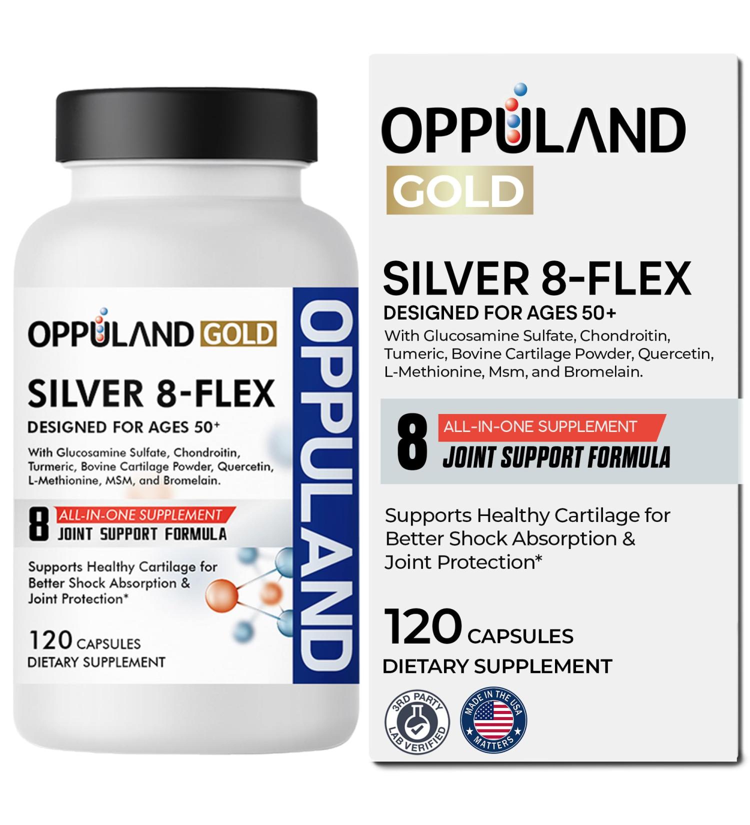 Oppuland - Silver 8 Flex - Joint Support Supplement for Men & Women - Glucosamine Chondroitin MSM Complex for Knee Hip and Movement Health - Nutritional Advanced Formula for Ages 50+ - 120 Capsules - Buy Online on GoSupps.com