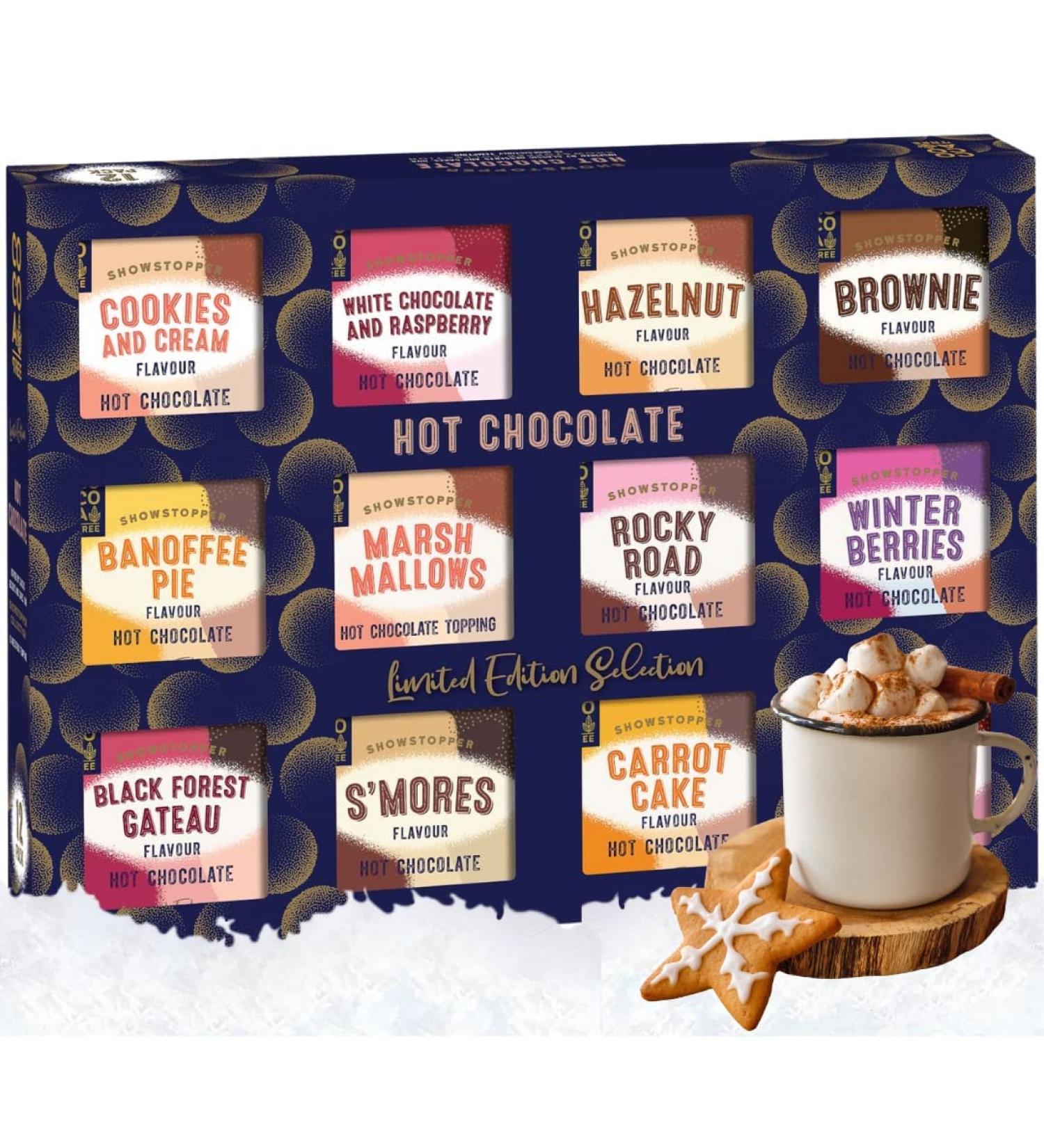 Hot Chocolate Selection Gift Set - 12 Assorted Flavours in Cookies n Creme Rocky Road Berries Cherries & Marshmallows - 400g | Perfect Christmas Gift for Men, Women, Her, Him - Buy Online on GoSupps.com