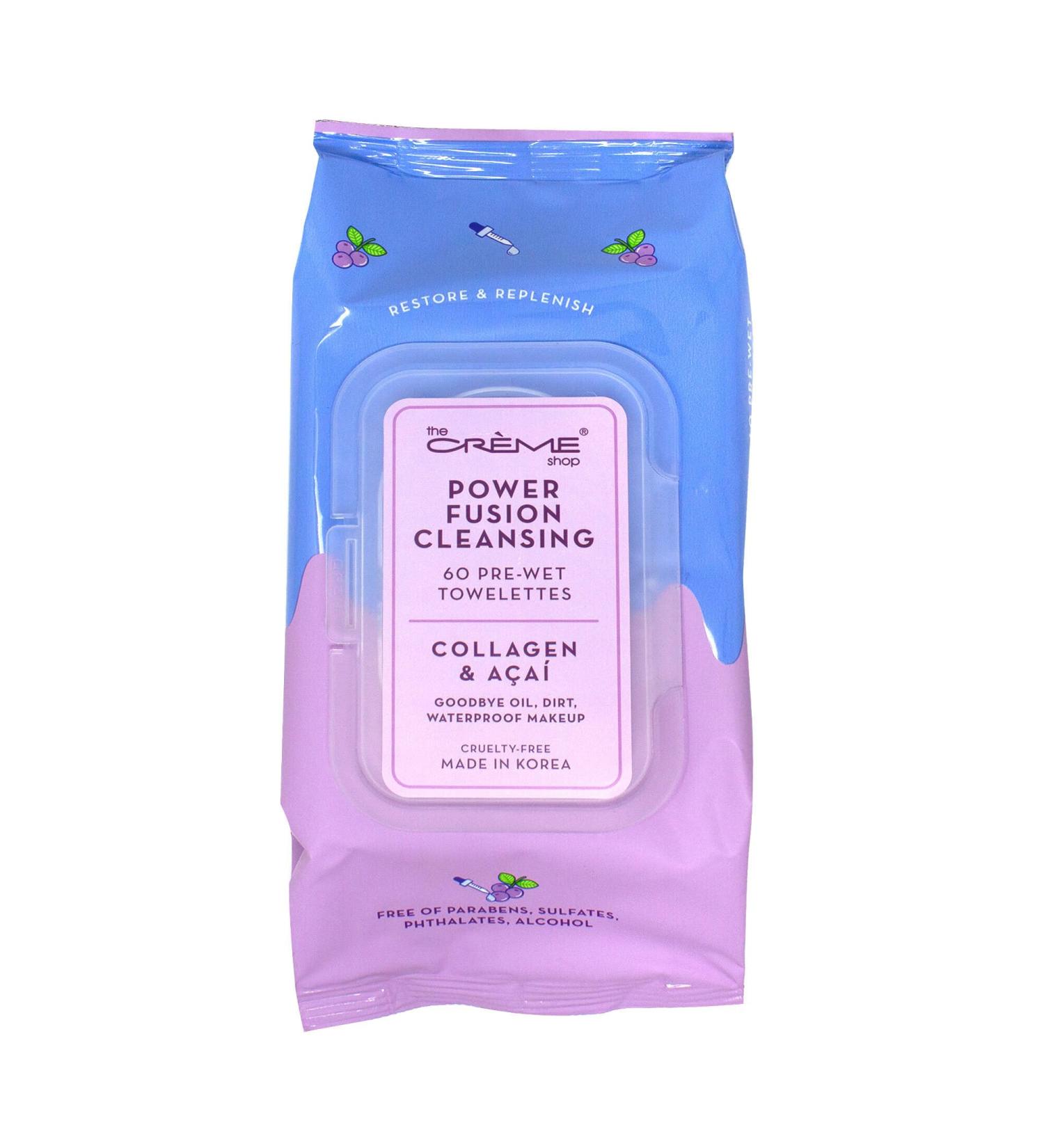 The Cr me Shop Power Fusion Makeup Remover Wipes Made with Collagen & Acai | Make Up Remover | Cleansing Wipes | Hydrating Makeup Wipes (60 Pre-Wet Wipes)