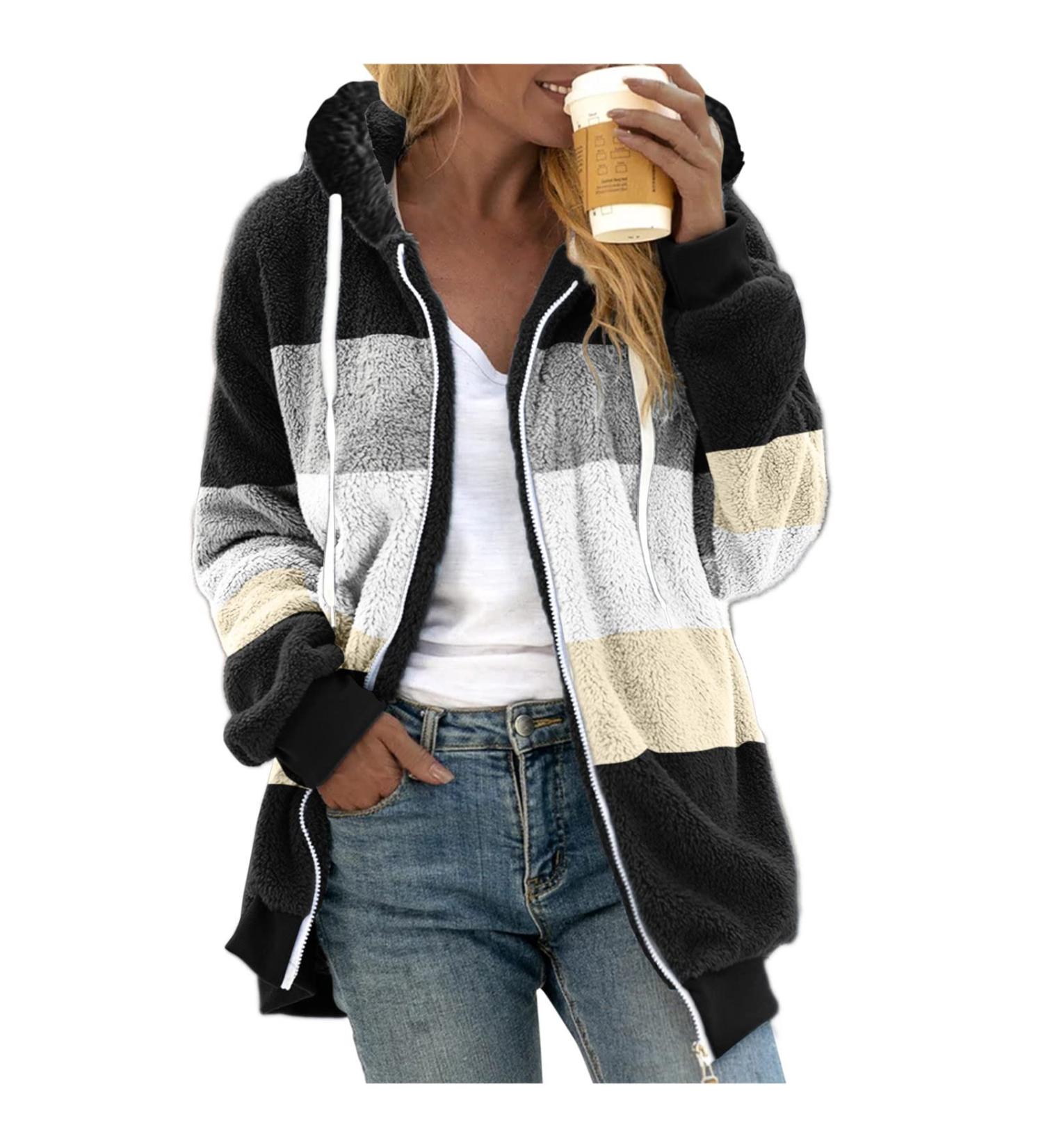 Hanxiulin Women's Fleece Plush Jacket - Warm Zip-Up Hooded Sweatshirt Breathable Fluffy Wool Coat XL Black - Buy Online on GoSupps.com
