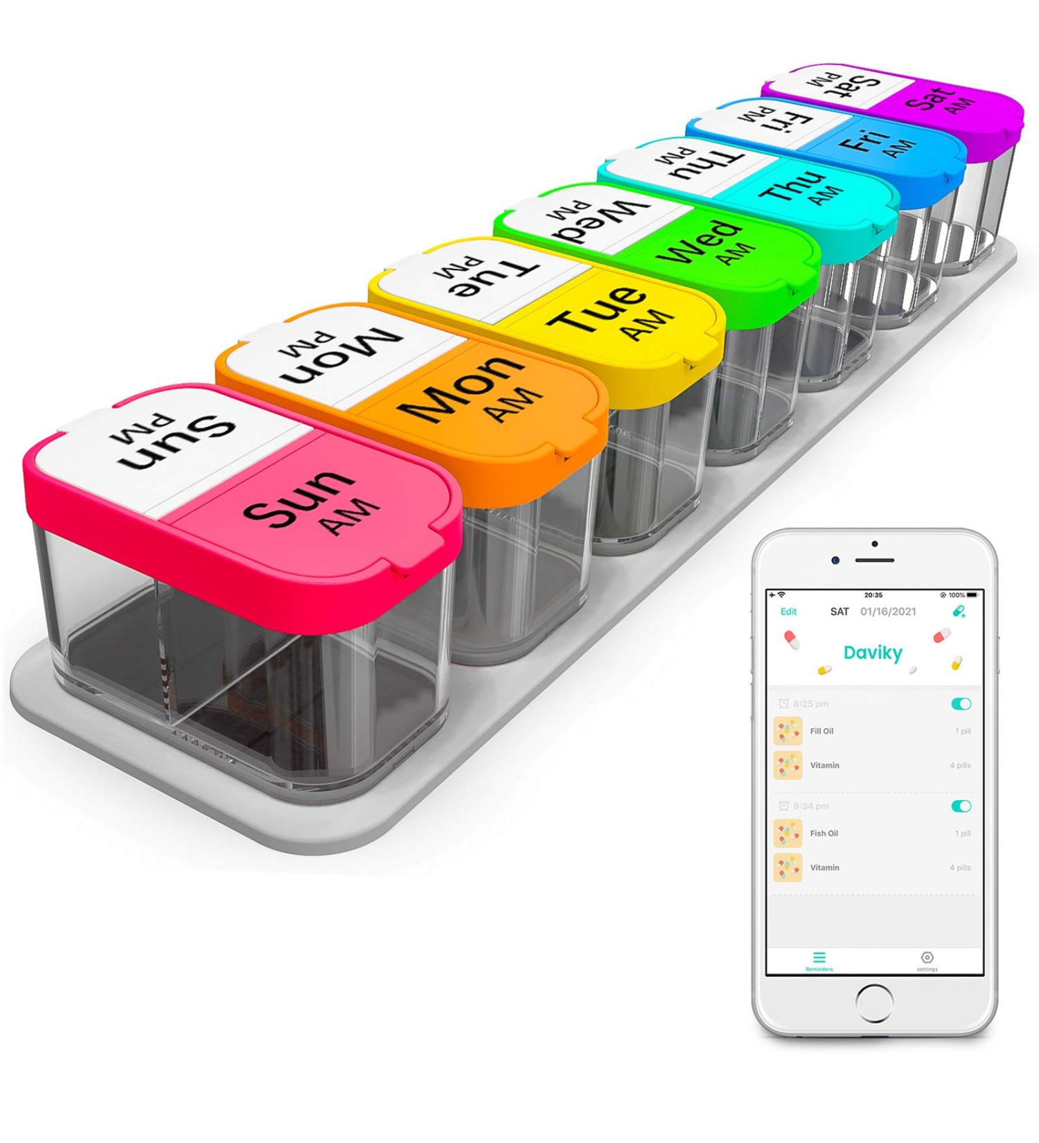 Daviky Smart XL 7 Day Pill Organizer - Weekly AM PM Pill Cases - Large Pill Box Holder for Twice a Day Medication - Buy Online on GoSupps.com