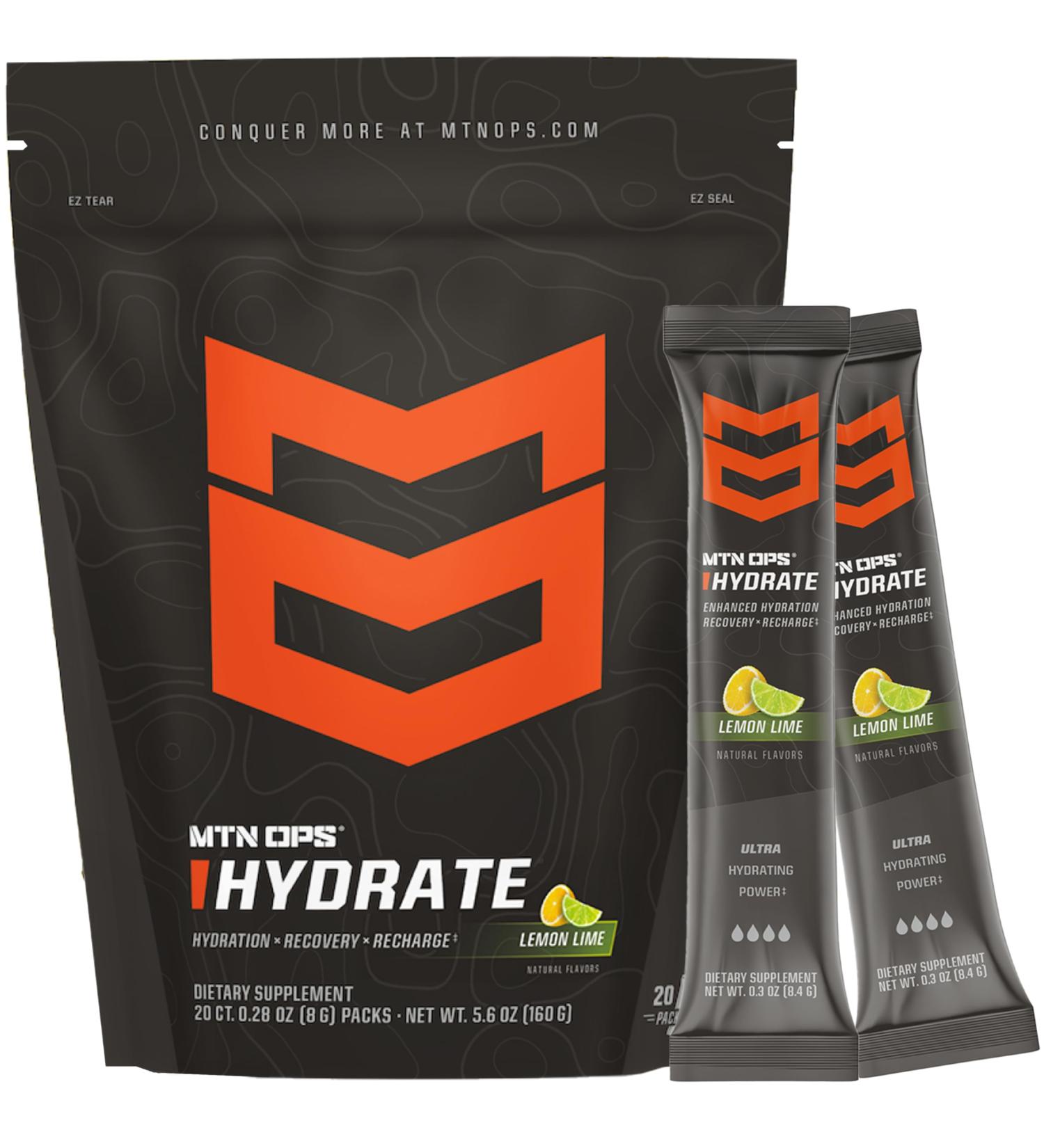 MTN OPS Hydrate Electrolytes Powder Drink Mix 20 Single Serving On-The-Go Electrolyte Packs with Over 1000mg of Electrolytes per Serving Lemon Lime - Buy Online on GoSupps.com