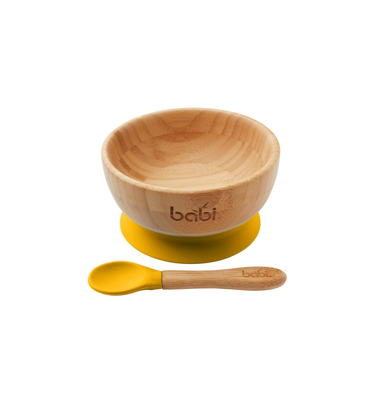 Babi Baby Toddler Large Bamboo Bowl & Spoon Set with Silicone Suction Ring (Yellow) - Buy Online on GoSupps.com