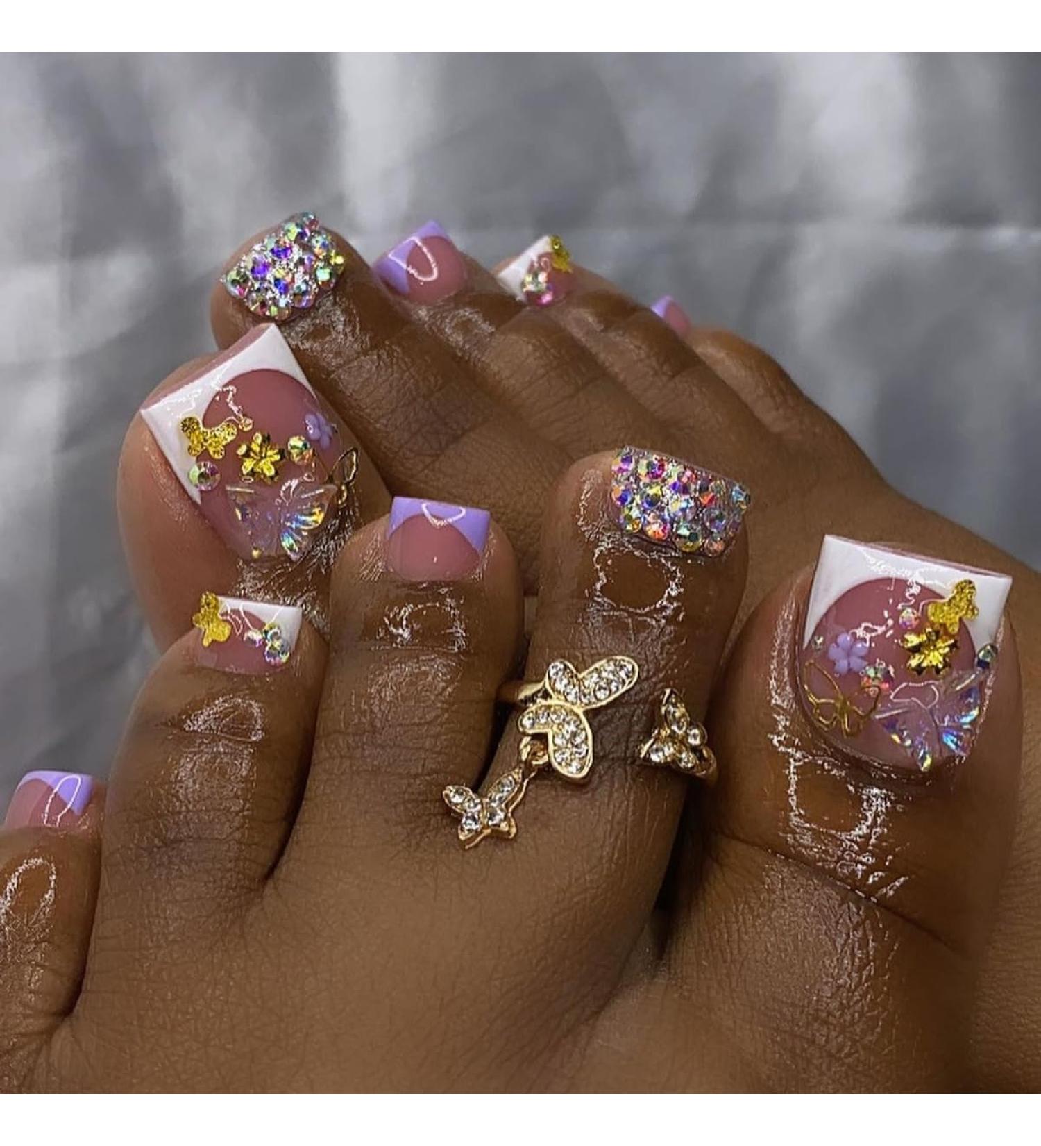 White French Tip Press on Toenails - Short Square Acrylic Toenails with Rhinestone & Gold Butterfly Designs - 24Pcs Summer Glitter Fake Toenails for Women & Girls - Buy Online on GoSupps.com