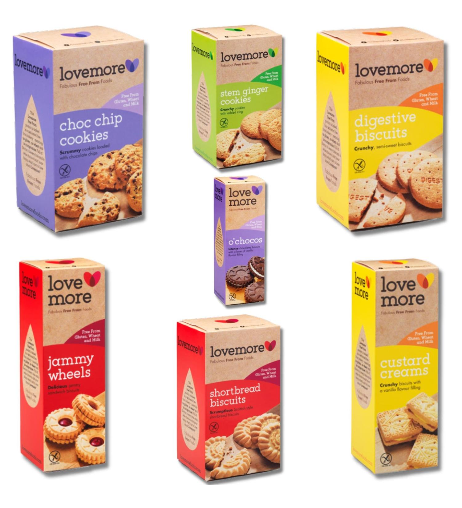 Lovemore Gluten-Free Cookies Biscuit Pick N Mix | Choose From 7 Flavours | Choc Chip Custard Creams Digestives Jammy Wheels O'Chocos Stem Ginger Shortbread - Pack of 3 - Buy Online on GoSupps.com