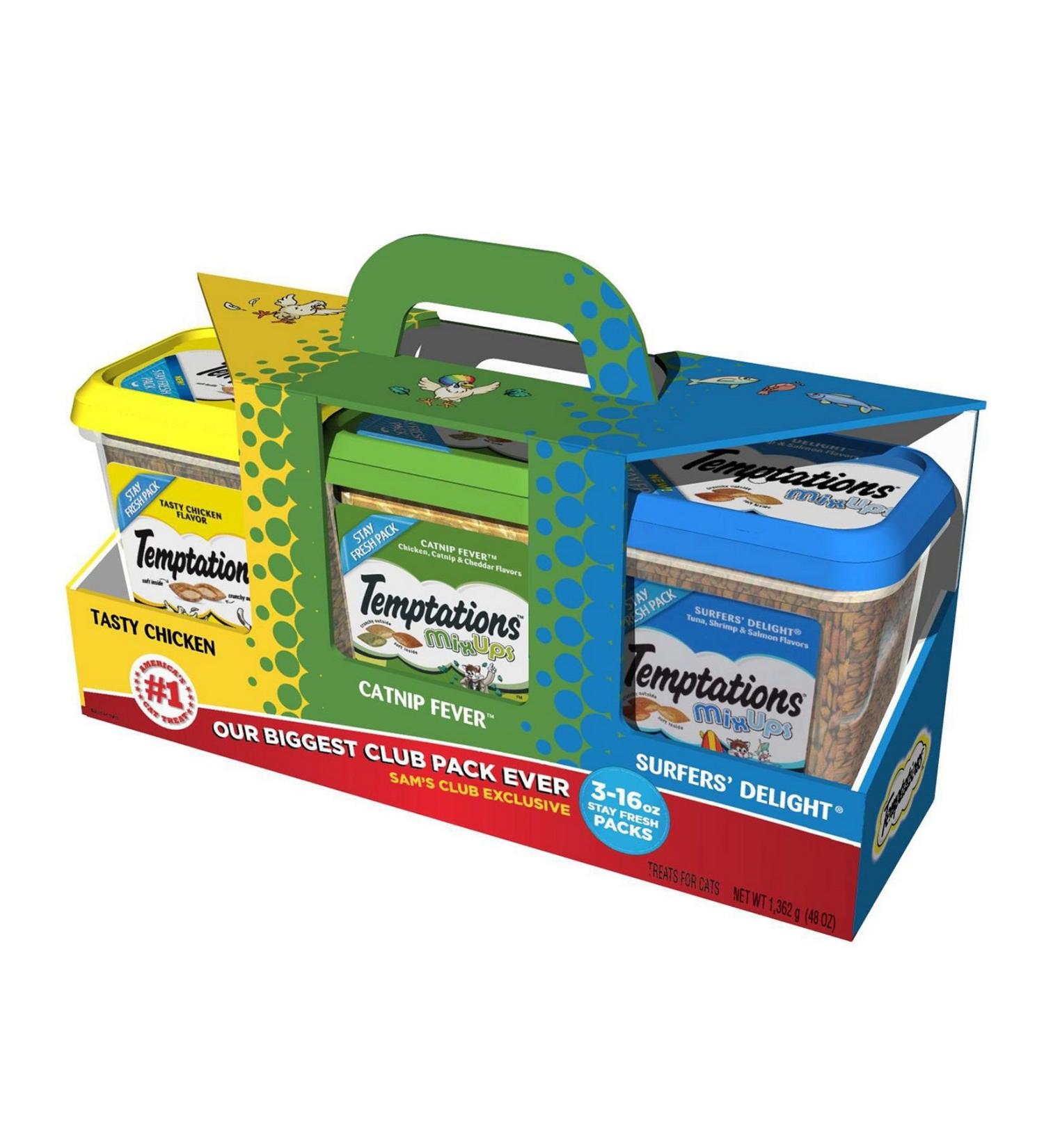 Temptations Temptations Cat Treat Tasty Chicken Flavor,Catnip Fever,Surfers Delight Flavors,Variety Pack 3 X 16 Ounce Total Net Wt 48 Ounce , 48 Ounce