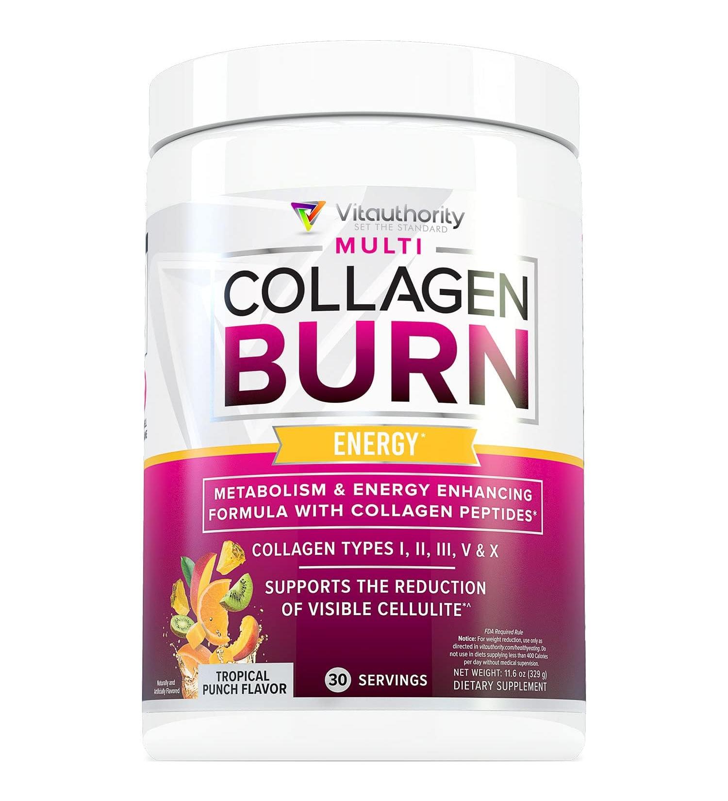 Multi Collagen Burn: MultiType Hydrolyzed Protein Peptides with Hyaluronic Acid Vitamin C SOD B Dimpless Types I II III V and X with Caffeine 30 Servings Tropical Punch Flavored Energy - Tropical Punch - Buy Online on GoSupps.com
