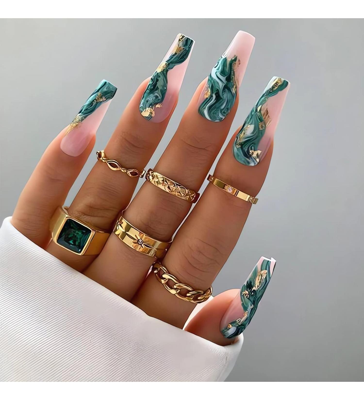 IMSOHOT Nude Fake Nails - 24PCS Coffin Green Glue on Acrylic Nails for Women - Buy Online on GoSupps.com