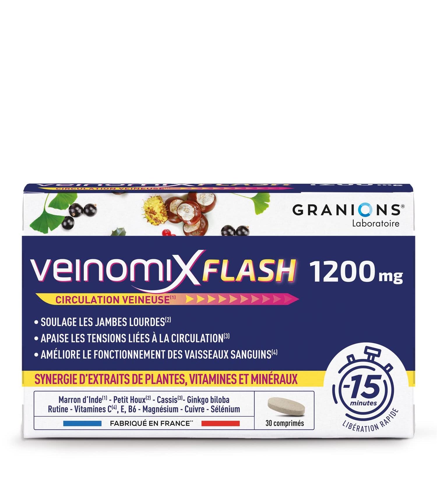 GRANIONS Veinomix Flash 1200 mg: venous circulation heavy legs hemorrhoids - Plants (horse chestnut small holly) vitamins minerals - 30 flash release tablets made in France - Buy Online on GoSupps.com