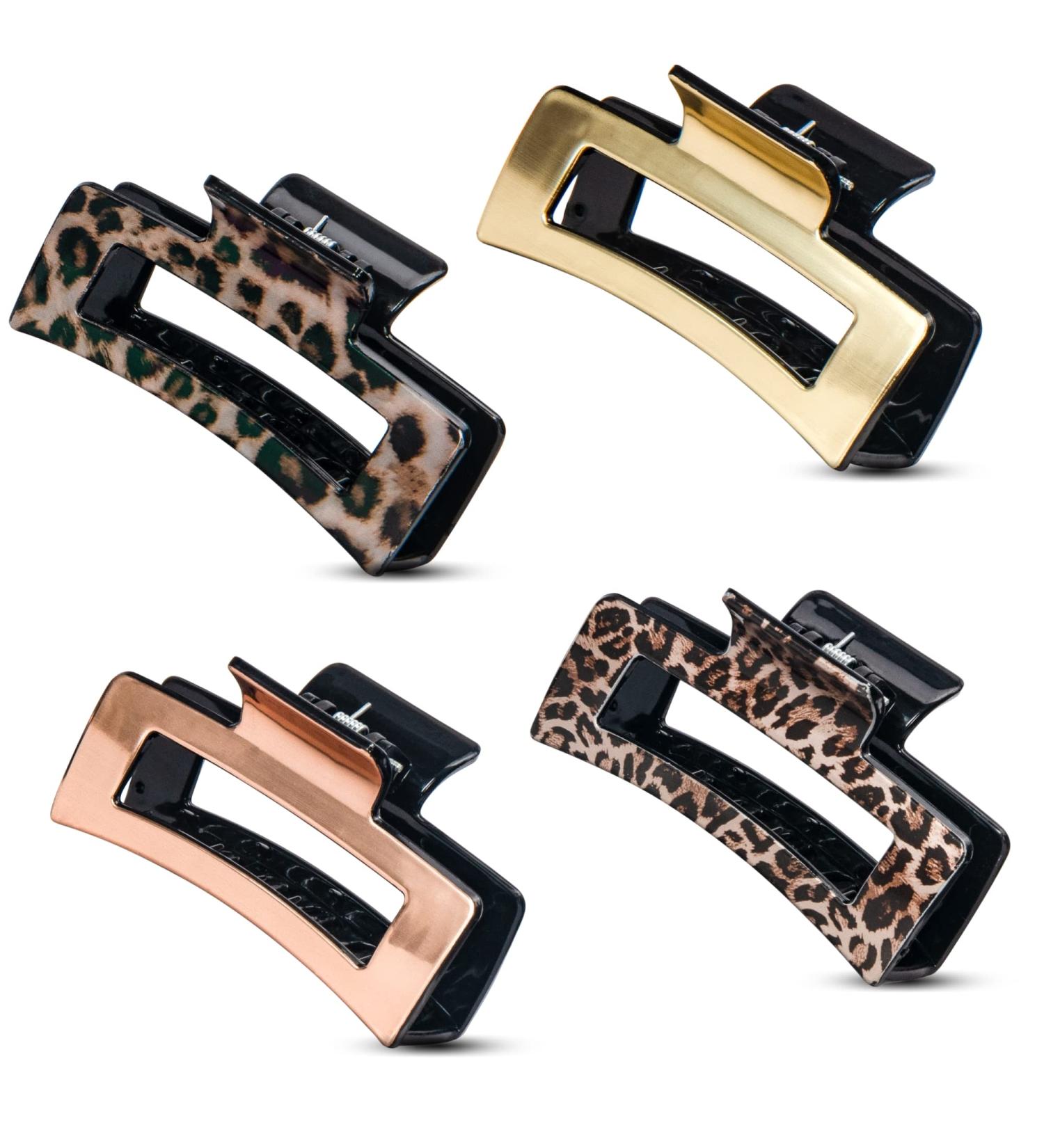 Rectangle Claw Clip Set - Retro Gold Metallic Leopard Print & Tortoise Shell Hair Claws for Women - 4pcs, Medium to Large Size 8.5cm - Buy Online on GoSupps.com