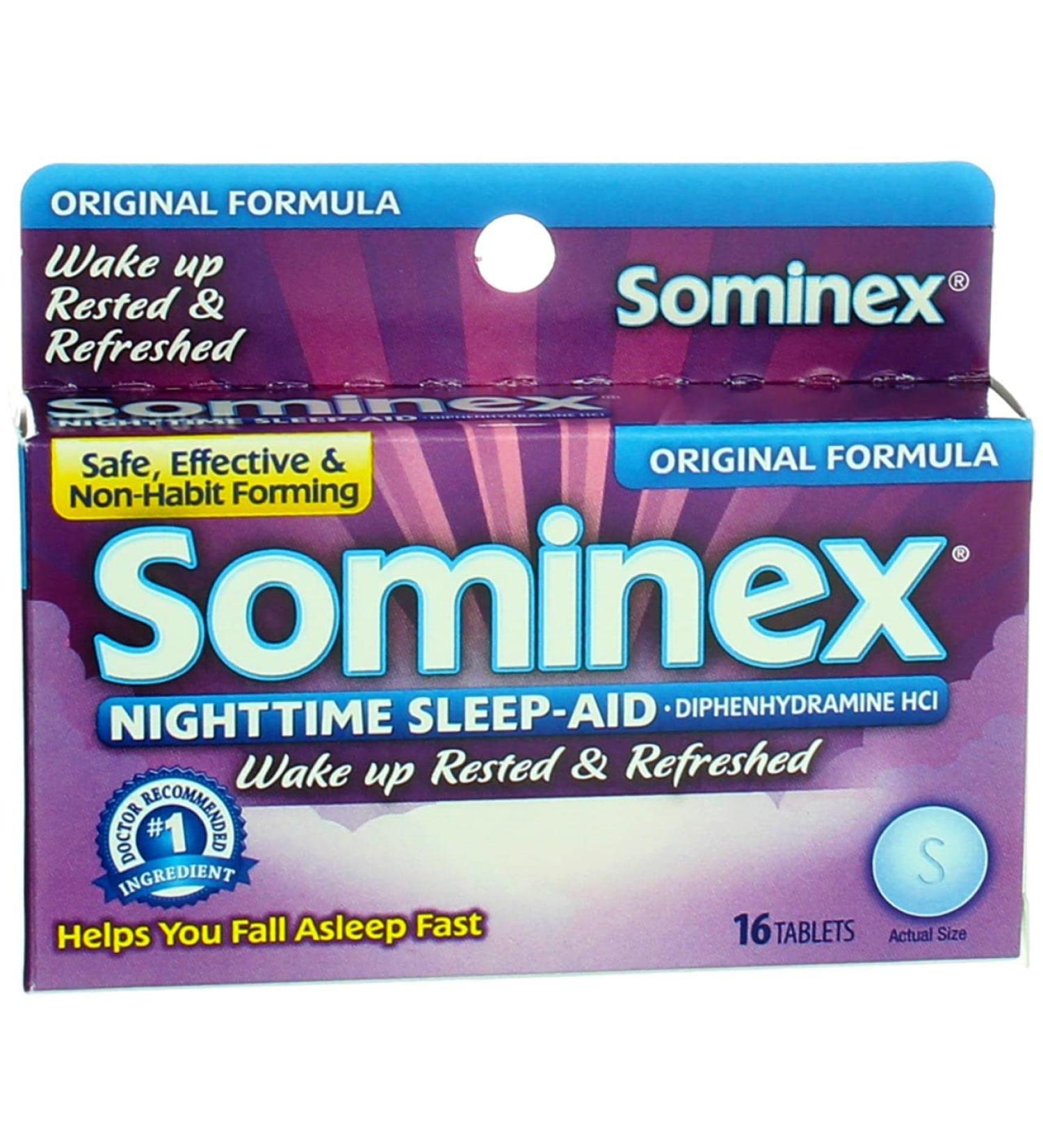 Sominex Nighttime Sleep Aid - Diphenhydramine HCl 25 mg Original Formula 16 Tablets - Worldwide Shipping Available - Buy Online on GoSupps.com